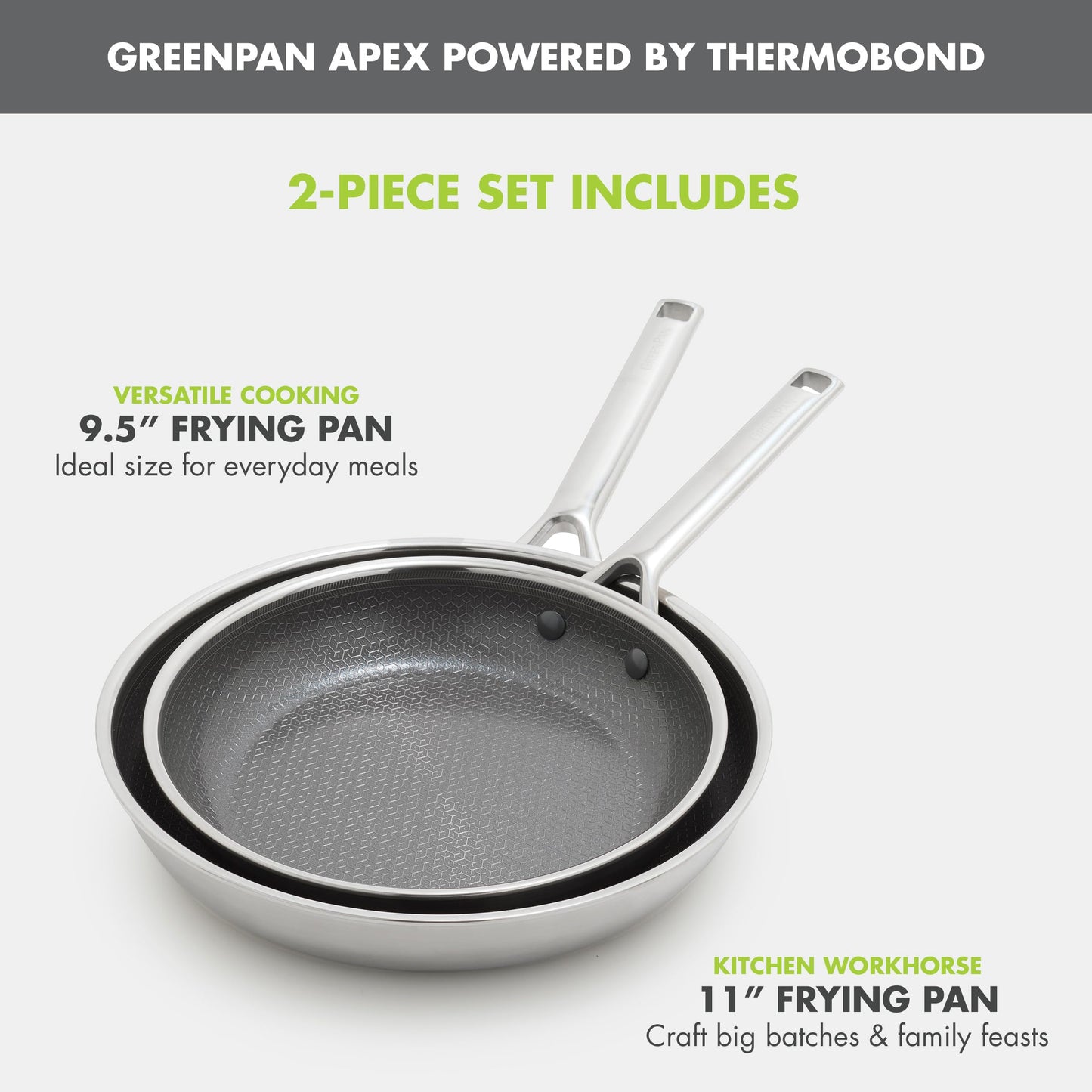 GreenPan Hybrid 9.5” & 11” Nonstick Stainless Steel Frying Pan Set, APEX Tri-Ply Thermobond PFAS-Free Ceramic Skillets, Induction & All Cooktop Compatible, Oven Temp to 850°F, Dishwasher Safe, Silver