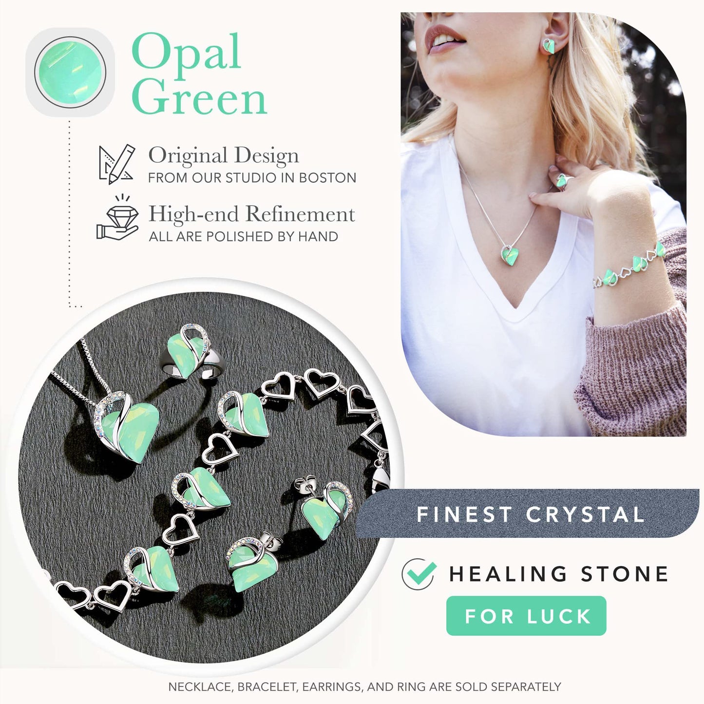 Leafael Infinity Love Heart Necklace, Stud Earrings, Bracelet, and Ring Set, Healing Stone for Luck Crystal Jewelry, Silver Tone Gifts for Women, Opal Green
