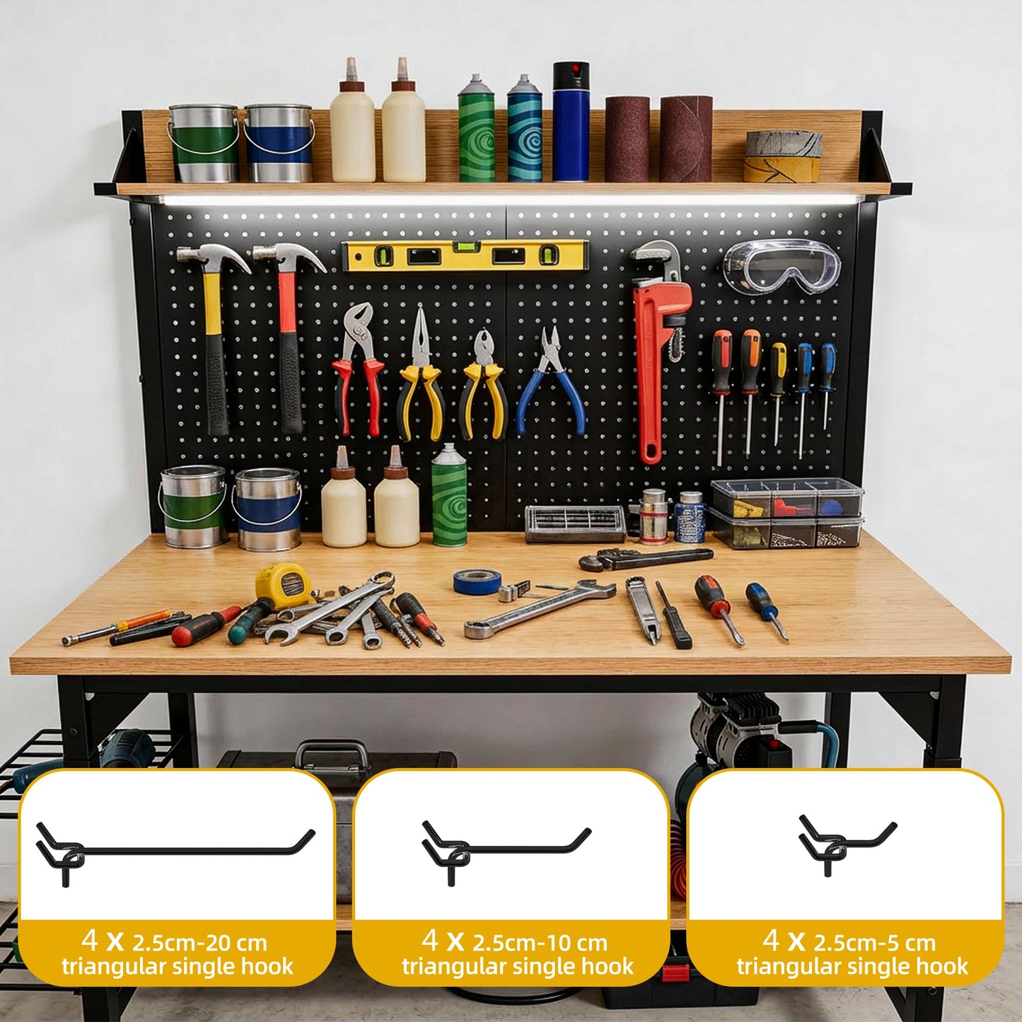 DWVO 47.2" Adjustable Height Workbench with Pegboard and Storage Shelf, Heavy Duty Work Bench with Wheels, Load 1100lb, Work Table with AC/USB Outlet, LED Light, Hooks, for Garage, Workshop, Home