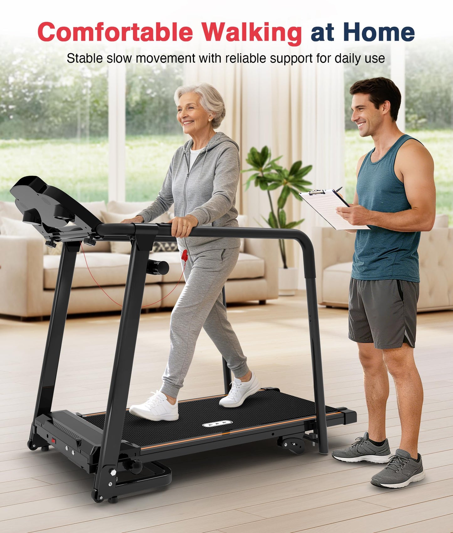 Redliro Treadmill for Seniors with Long handrails - 300 lbs Capacity Walking Treadmill for Seniors with 0%-2% Incline, Foldable, Heart Rate Monitor, Mute Home Recovery Walking Machine for Seniors
