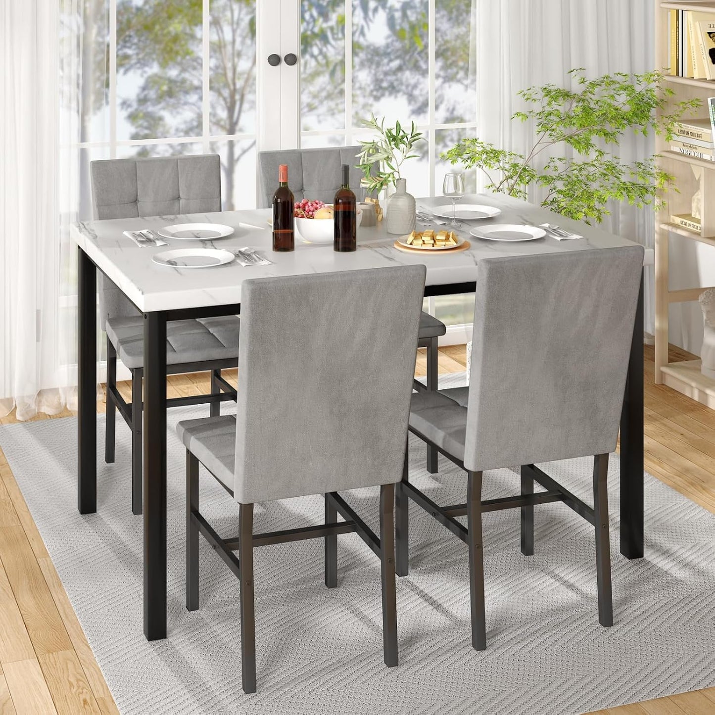 Hooseng Dining Room Table Set 5 Piece Dining Table Set Marble Dining Table 4 Chair Dining Table Set for Kitchen Living Room Breakfast Small Spaces (White & Grey)