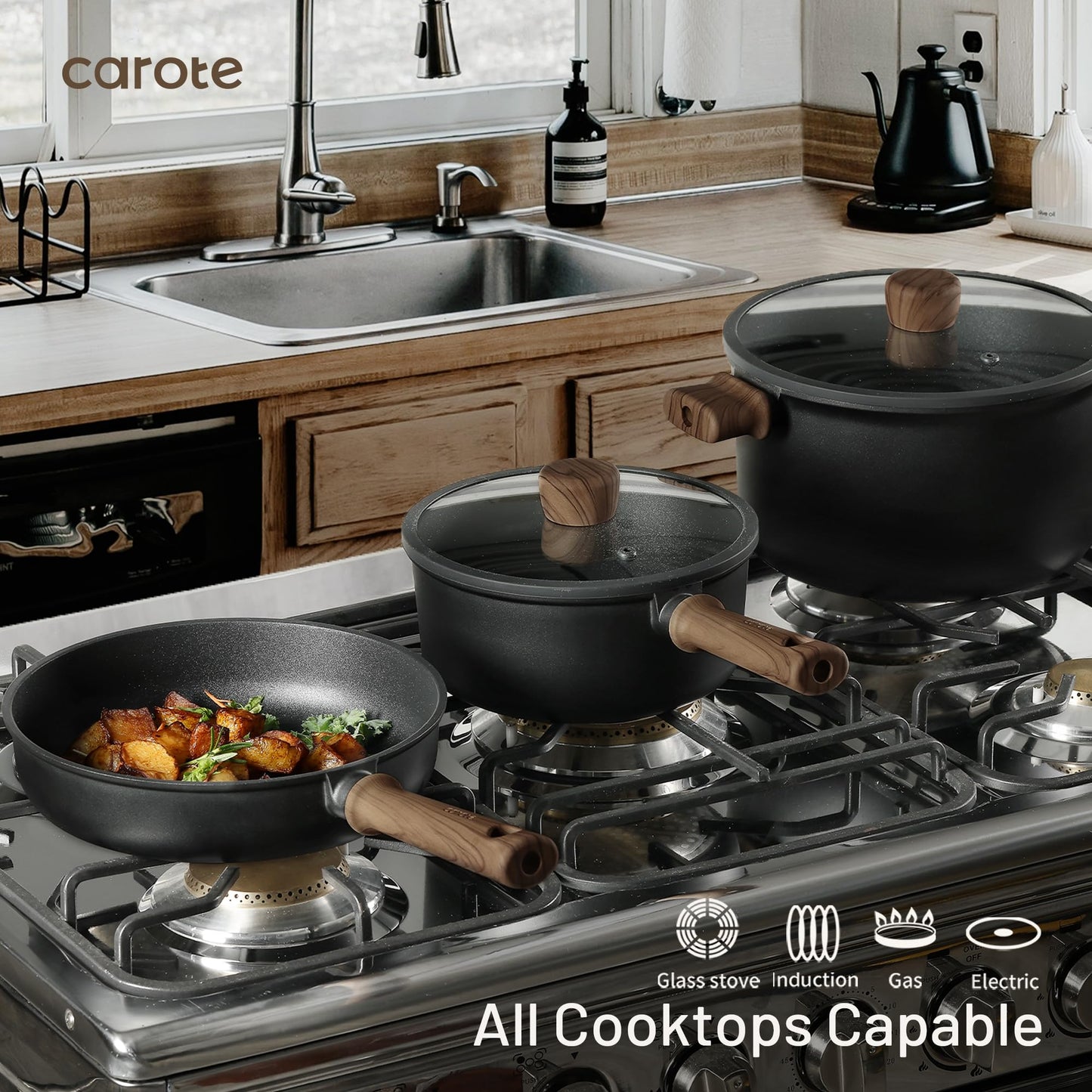 CAROTE 24Pcs Nonstick Kitchen Titanium Cookware Sets, Non stick Pots and Pans set, Induction Cookware Set Black