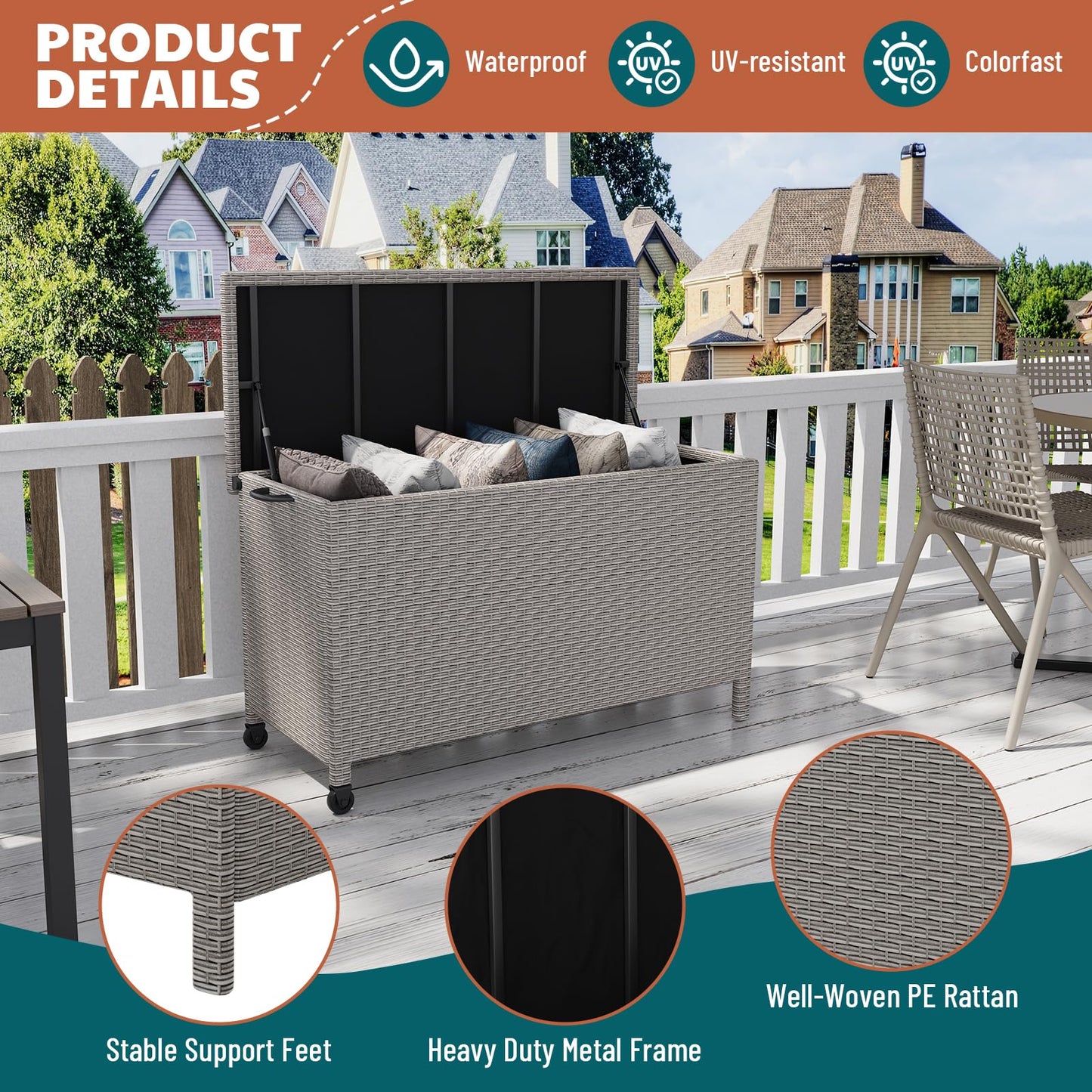 HarmonyHealth 120 Gallon Rattan Deck Box, Outdoor Storage Box With Wheels and Handle, Waterproof Large Storage Bench Organizer for Patio Backyard Cushions, Pool Supplies and Garden Tools, Grey
