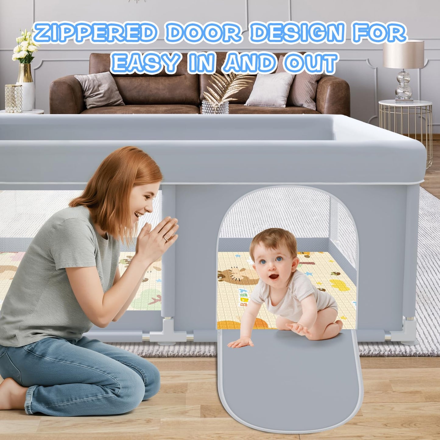 XVISHX Baby Playpen with Mat, 50x50 Inch Play Pen, Playpen for Babies and Toddlers, Baby Playard for Indoor & Outdoor Active Center Game Fence, with Skin-Friendly Fabric and Soft Breathable Mesh