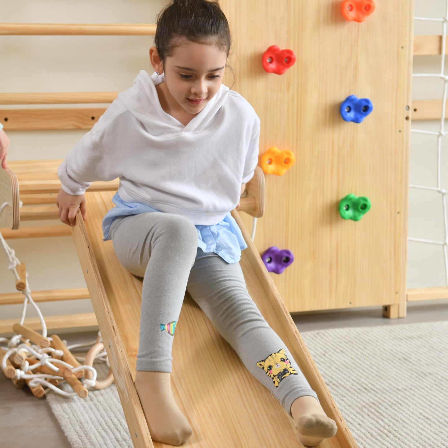 Avenlur Neem 5-in-1 Swedish Ladder Wall Gym with Cargo Wall Climber, Swedish Ladder Swing, Rope Ladder, Adult Pull-Up Bar, and Indoor Slide - Indoor Jungle Gym for Kids and Adult (79")