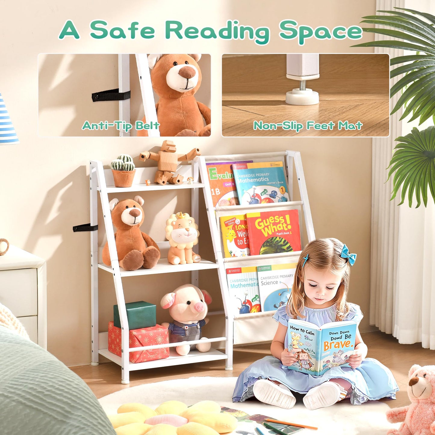 FURNIinspire 3 Tier Kids Bookshelf, Toddler Toy Storage Organizer for Kids Room, Bedroom, Playroom and Nursery, Non-Slip Metal Shelves, White