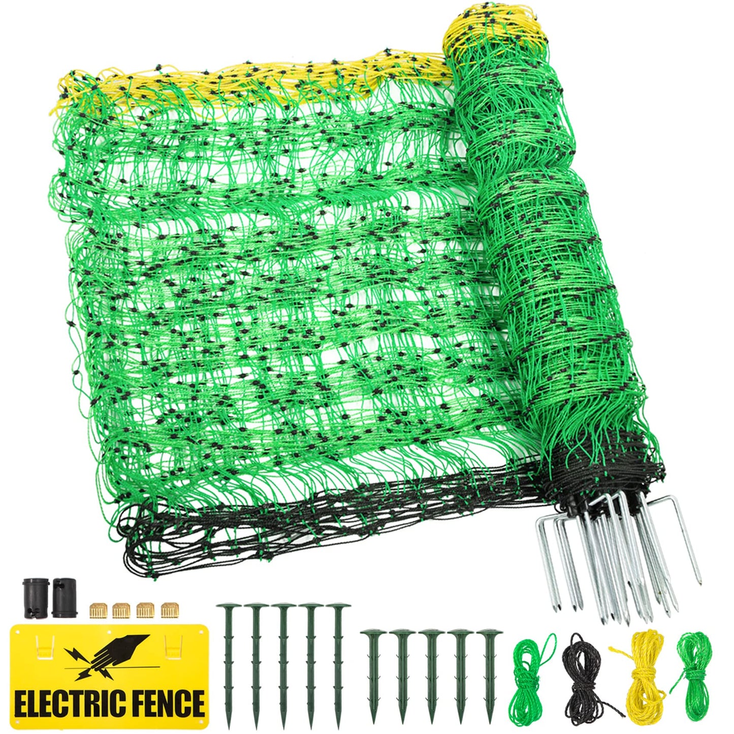 TMEE Electric Goat Sheep Fencing Livestock Netting Fence with 14 Posts, Double Spiked, Portable Mesh for Lambs, Deer, Hogs, Dogs, 35.5" H x 164' L, Green