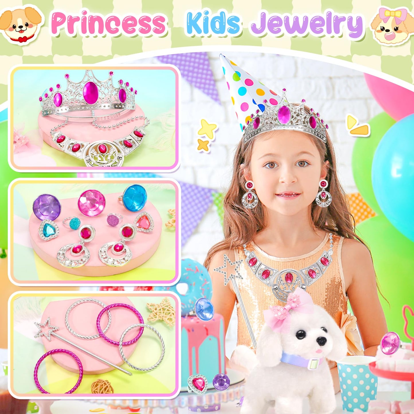 NINAOR Plush Dog Toys for Kids with Crossbody Bags Princess Jewelry, Robot Puppy with Leash Walking Barking, Pretend Play Dress Up Interactive Stocking Stuffers for Toddler Girl Toys Birthday Gifts