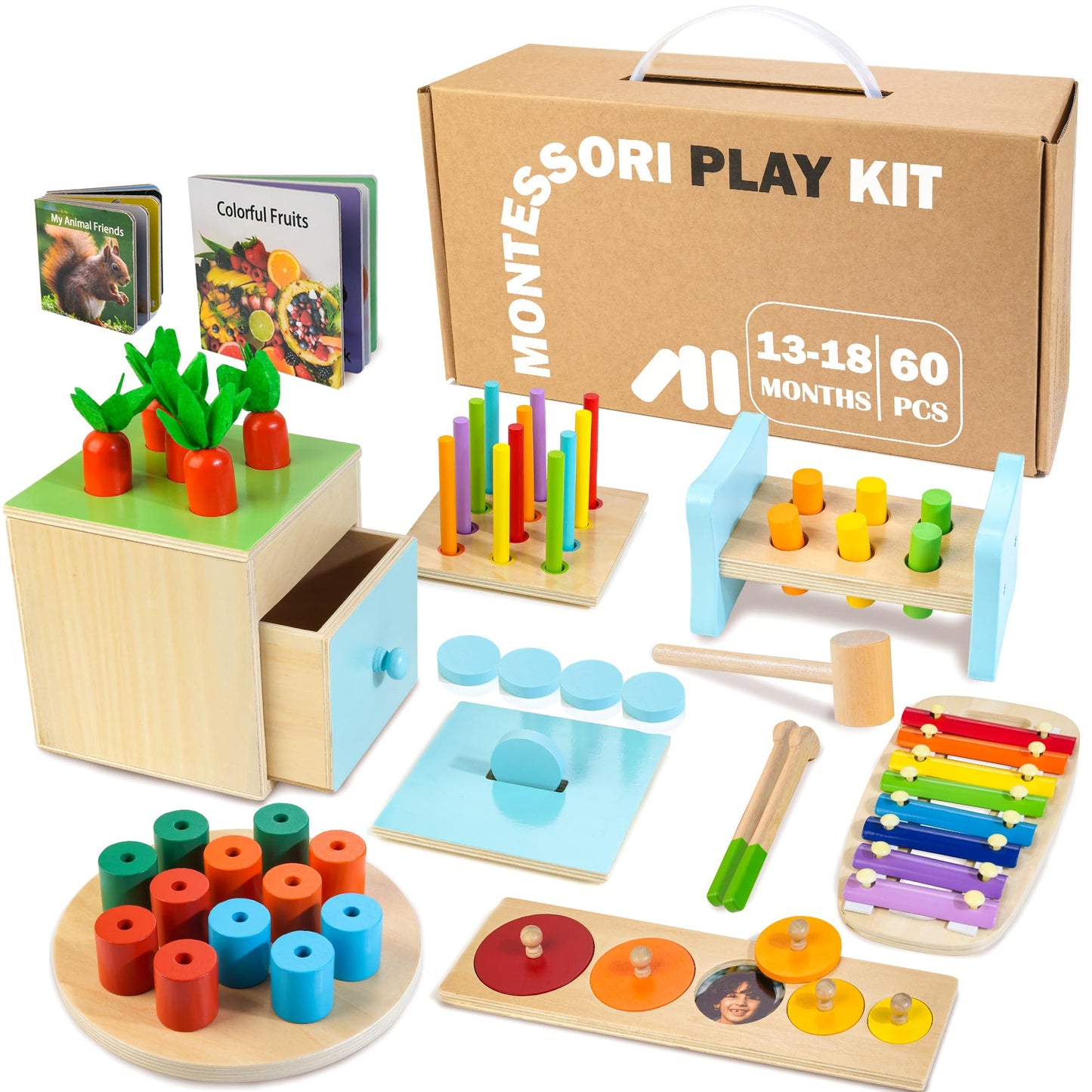 WOODMAM Wooden Montessori Toys for 1+ Year Old, 9 in 1 Learning Educational Toys for Toddler with Educational Box, Xylophone, Pound Bench, Shape Puzzle and More, Baby Toy Gift for 13-18 Months