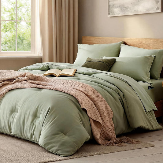WRENSONGE Queen Comforter Set - 7 Pieces Sage Green Soft Bed in a Bag Queen with Fitted Sheet, Flat Sheet, 2 Pillow Shams, and 2 Pillowcases- Warm Bedding Sets Queen for All Season