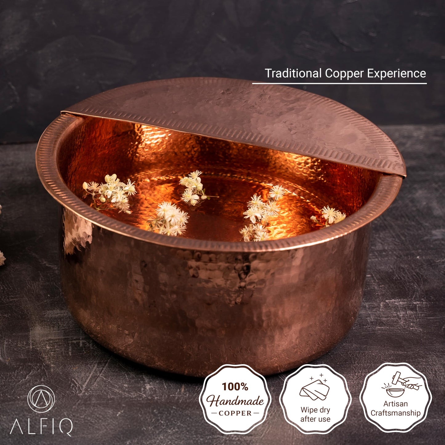 Alfiq 100% Solid Copper Foot Bowl with Removable Footrest, Hand Hammered Large Relaxation Pedicure Basin, 10-20" Sizes, for Spa & Pedicure (12 Inches)