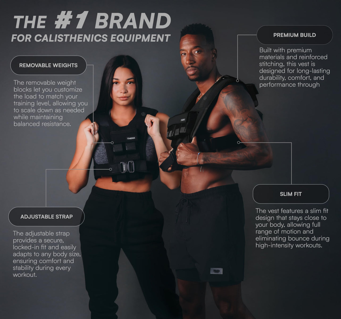THENX Weighted Vest by Chris Heria – Adjustable Workout Vest for Men & Women – Calisthenics, Fitness, Running, Cross Training & Strength Training – Ergonomic Fit with Removable Weights – Black (Black, 40 lb)