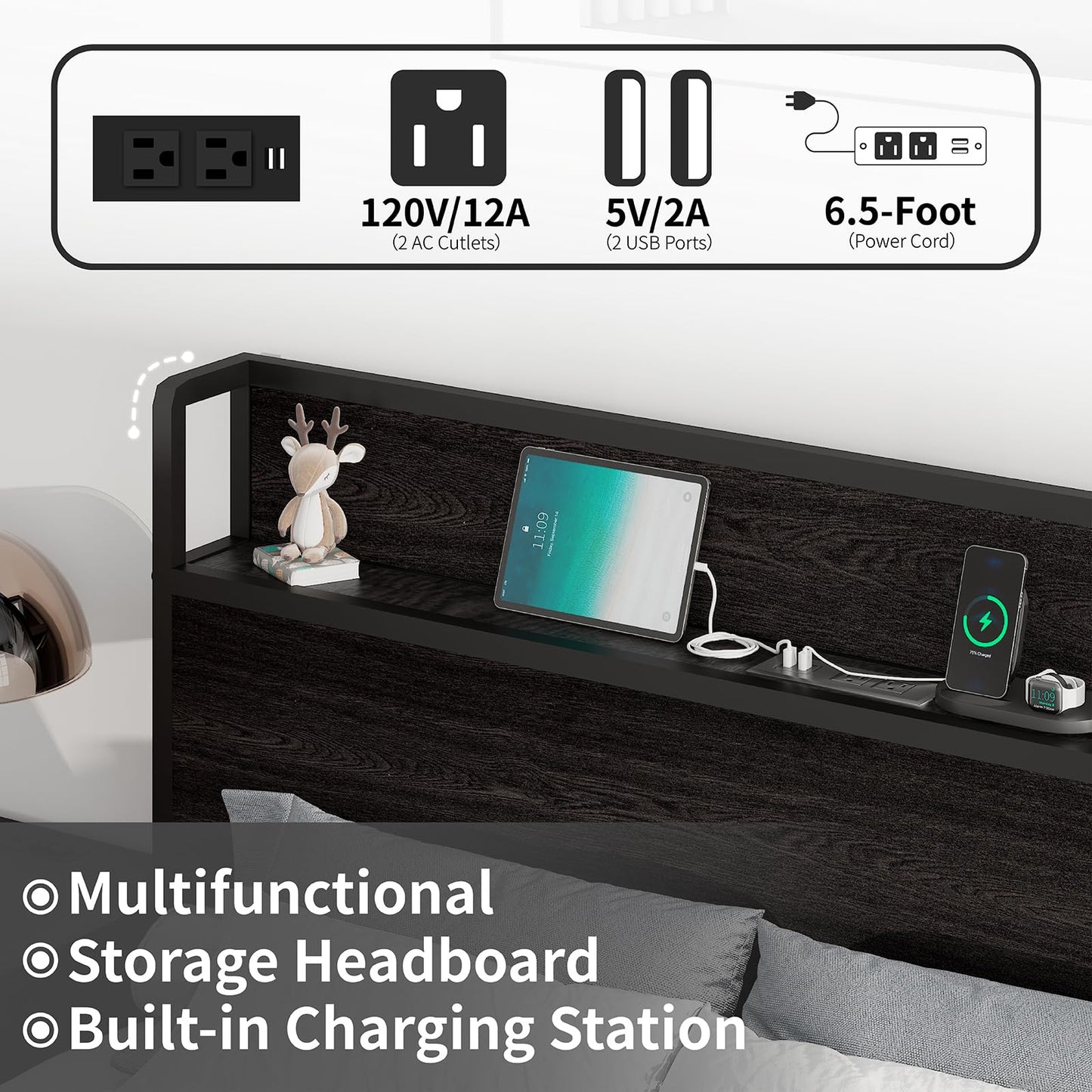 LUXOAK Full Size Lift Up Storage Bed, Wood Platform Bed Frame with Storage Headboard & Charging Station, No Box Spring Needed, Easy Assembly, Black