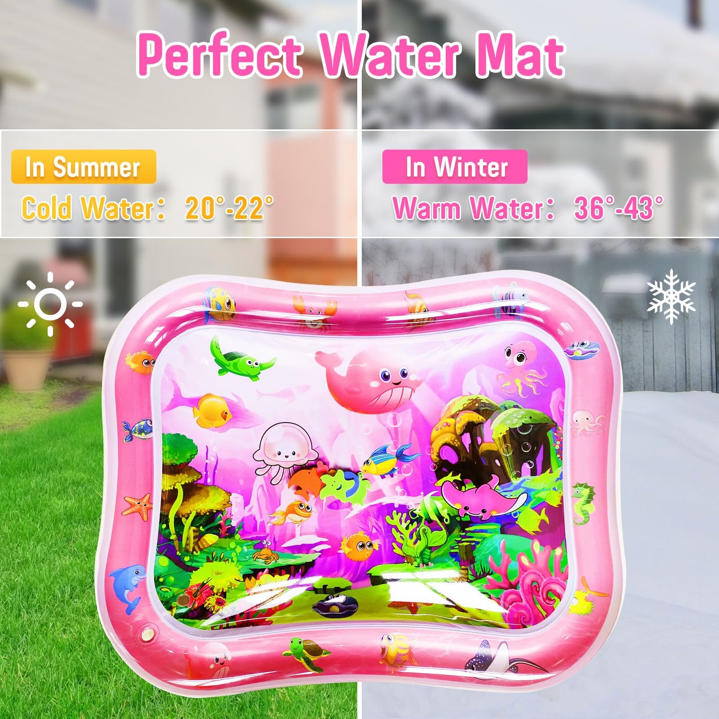 GARNHLOB Baby Water Mat Large 37.4"x29.9", Safe Inflatable Tummy Time Water Play Mat for Infants & Toddlers with Climate Pledge Friendly, Newborn Sensory Water Pad for Christmas Gift (Pink)
