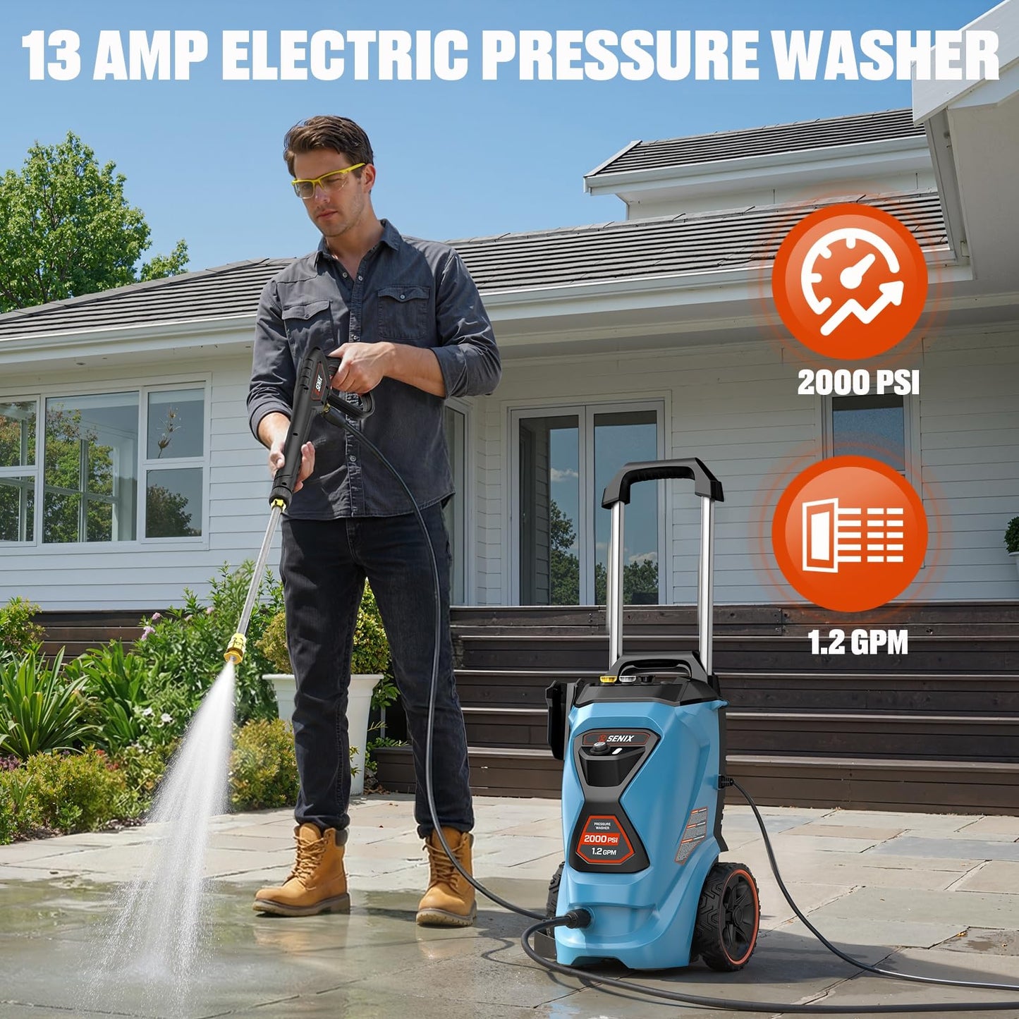 SENIX 2000 PSI Electric Pressure Washer, 1.2 GPM Compact Power Cleaner w/ 4 Nozzles, 25ft Hose & 35ft Cord. Portable High-Pressure Sprayer for Cars, Driveways, Patios, Decks & Home Outdoor Use