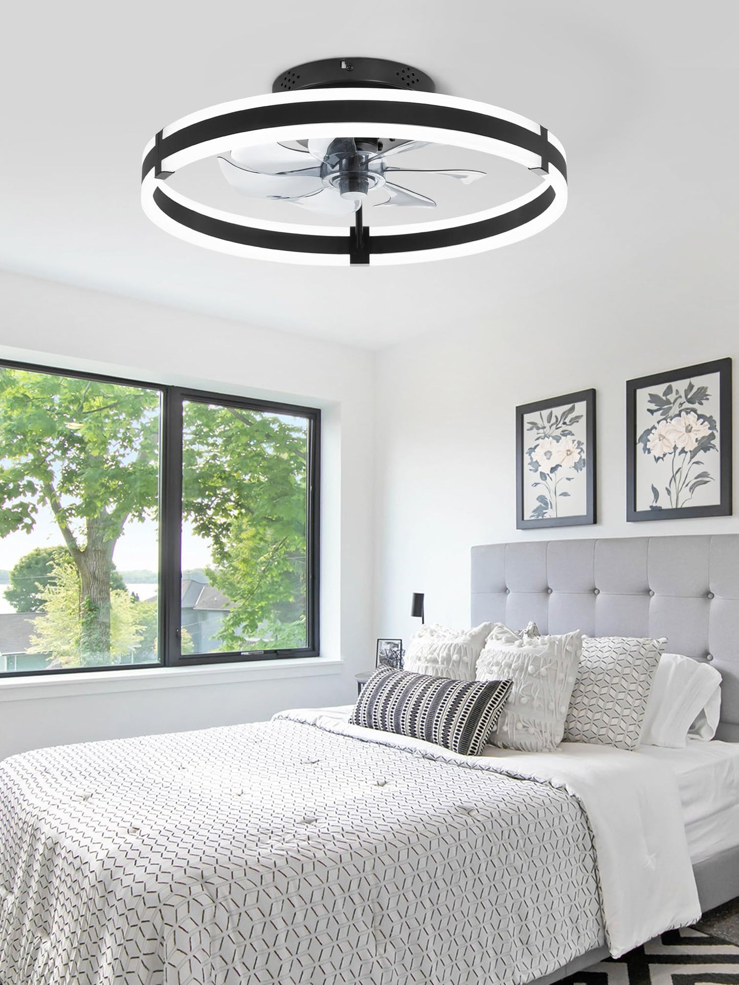 ZMISHIBO Ceiling Fans with Lights and Remote, 19.7'' Low Profile Ceiling Fan, 3000-6000K Dimmable Modern Flush Mount LED Fan Light, 6 Wind Speeds, Black Fandelier Ceiling Fans for Bedroom