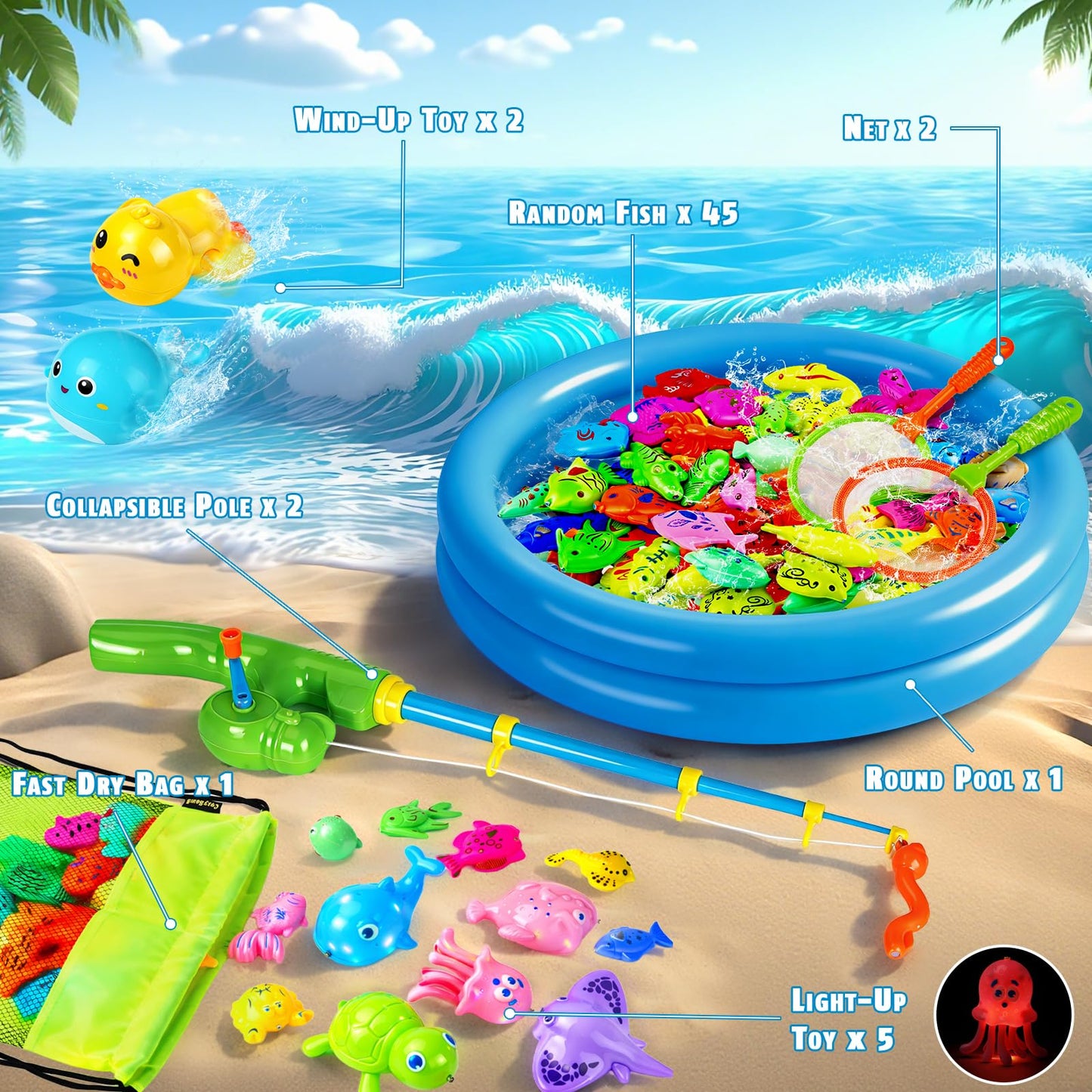 CozyBomB™ Magnetic Fishing Toys Game Set for Kids | Water Table Bathtub Kiddie Pool Party Pole Rod Net, Outdoor Plastic Floating Fish, Toddler Bath Color Ocean Sea Animals Birthday Gift Age 3-5 6 4-8