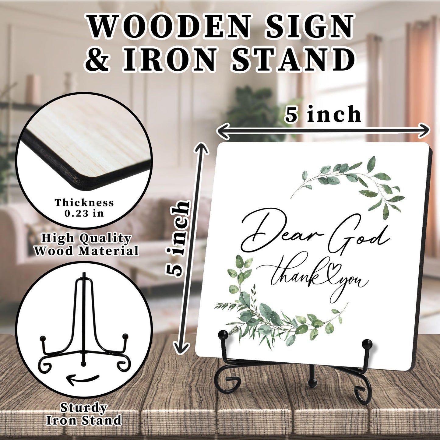 FUQWZ Rustic 'Dear God Thank You' Wooden Plaque - Christian Decor with Iron Stand - Simple Prayer Sign for Home, Church & Office - Inspirational Gift for Thanksgiving & Holidays. (049)