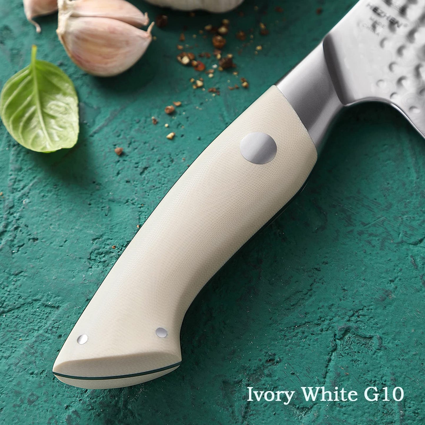HEZHEN 5PCS Damascus Steel Kitchen Knife Set, 67 Layers Chef, Universal Peeling, Paring, Bread Knife, Ivory White G10 Handle Cooking Tools