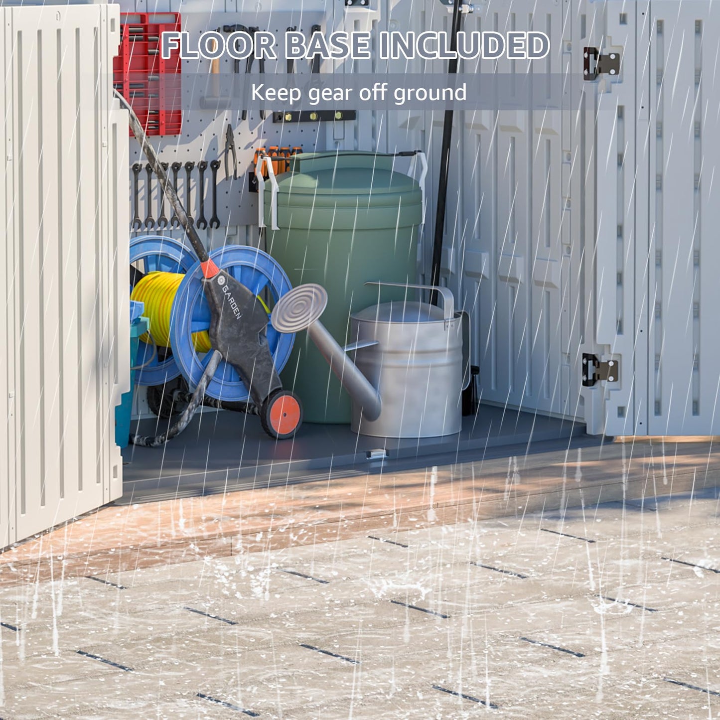 Storage Shed with Floor Included, Waterproof Resin Shed Cabinet, Outdoor Storage Cabinet for Backyard Garden, Plastic Tool Organizer, One-Tier Interior Storage Without Divider Panels, Outside Sheds