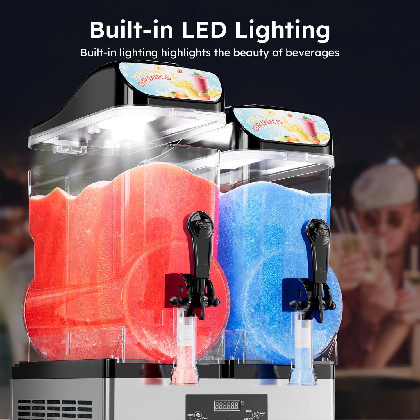 8Gal/30L Commercial Slushy Machine,Independently Control 2 Tank's Temp,5-45 Minutes to Make Margarita & Slushie & Cold Drink,Built-in LED Light,110V Professional Frozen Drink Maker with Self-cleaning