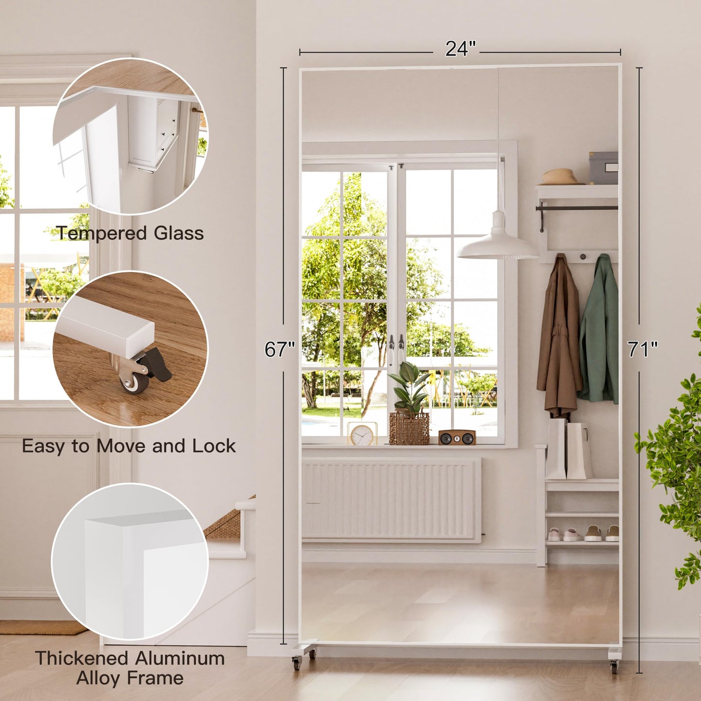 brisafe Large Rolling Mirror 71" x 40" Shatterproof Tempered Glass Easy to Move Full-Length Mirror for Gym/Dance Studio/Yoga Room/Home, White