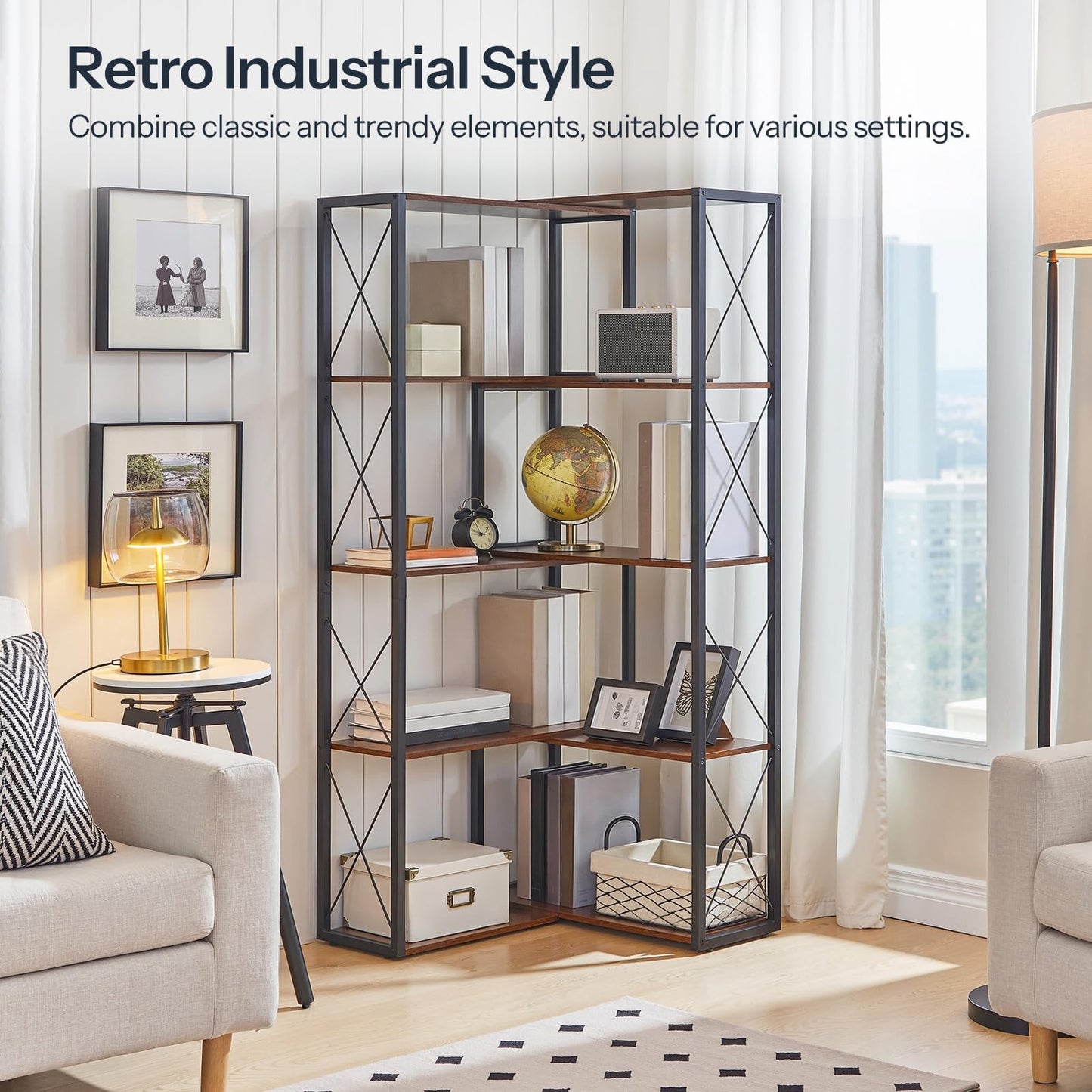 HOOBRO Corner Bookshelf, 5-Tier Industrial Corner Bookcase, Open Display Storage Rack, Vertical or L-Shaped, for Office, Living Room, Bedroom, Rustic Brown and Black BF66SJ01