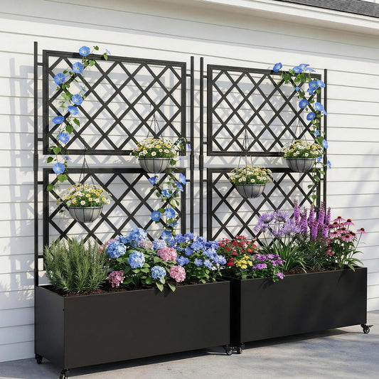 VINGLI 71″H Metal Raised Garden Bed with Trellis and Wheels, Outdoor Planter Box with Drainage Holes for Climbing Plants, Vegetables and Vines, Privacy Screen, for Patio, Backyard and Balcony, Black