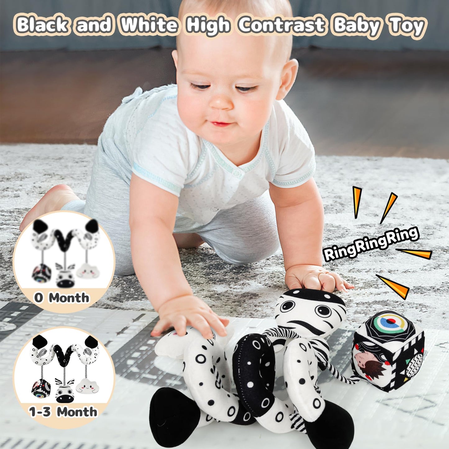 Car Seat Toys for Babies 0-6 Months,Hanging Rattle Toys for Crib Mobile, Baby Spiral Hanging Stroller Black and White High Contrast Toys for Newborn 0 3 6 9 12 Months Baby Boys Girls (Zebra)