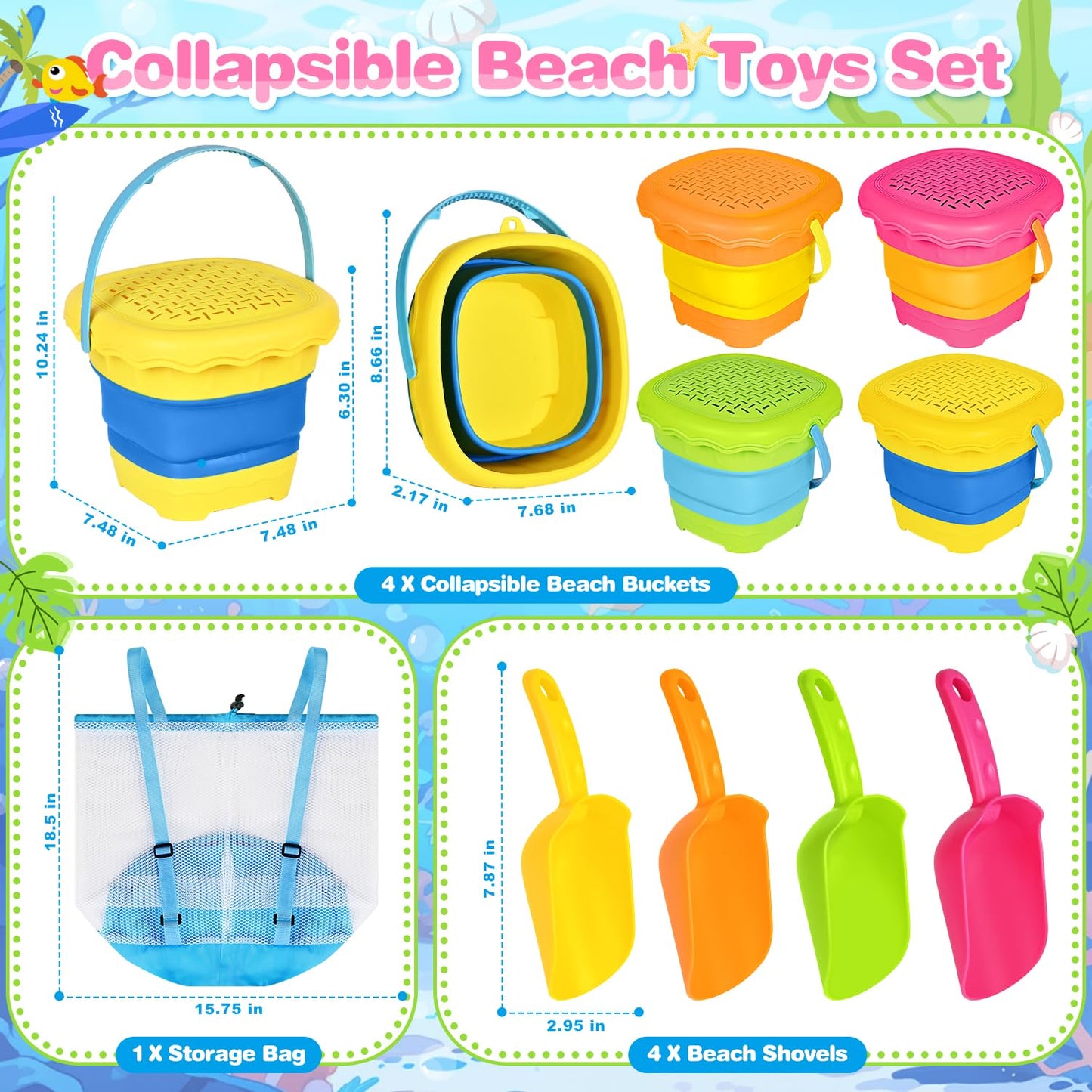 SpringFlower Beach Toys for Kids,Sand Toys for Toddlers with Collapsible Beach Buckets & Shovels Set,Travel Sandbox Toys for Toddlers Gifts Boys Girls Summer Outdoor Toys