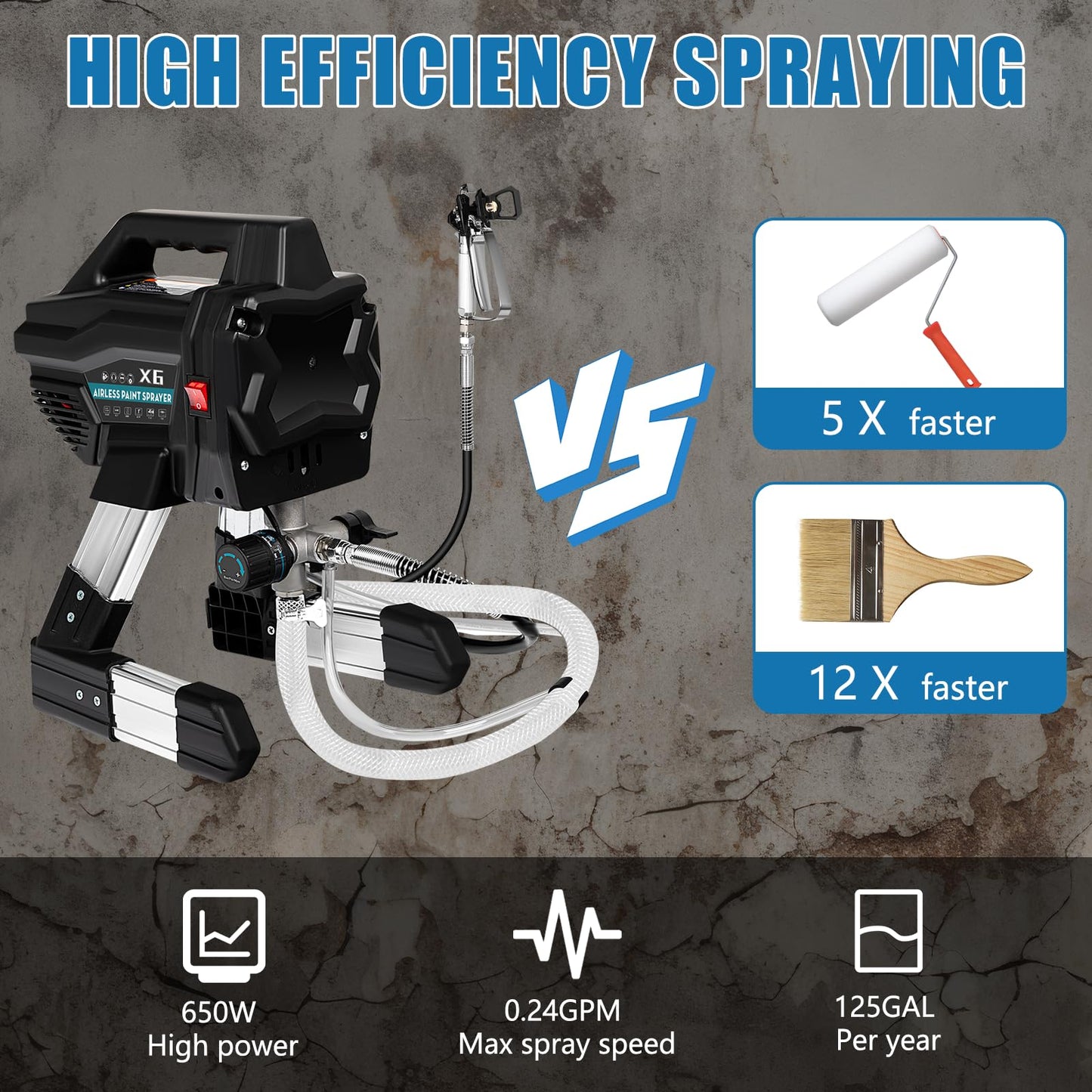 Stand Airless Paint Sprayer, 7/8HP 650W High Efficiency Airless Sprayer, 0.24GPM 2900PSI Electric Paint Machine with Extension Rod and Cleaning Kits for Interior Exterior Furniture Fence Home