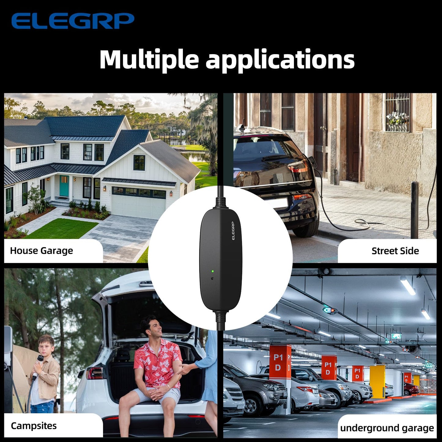 ELEGRP Level 1/2 EV Charger, 16 Amp, Portable J1772 Electric Car Charger, 25FT Cable, NEMA 6-20 & 5-15 Adapter, 110V-240V for BEVs/PHEVs, PBE & LRC Technology
