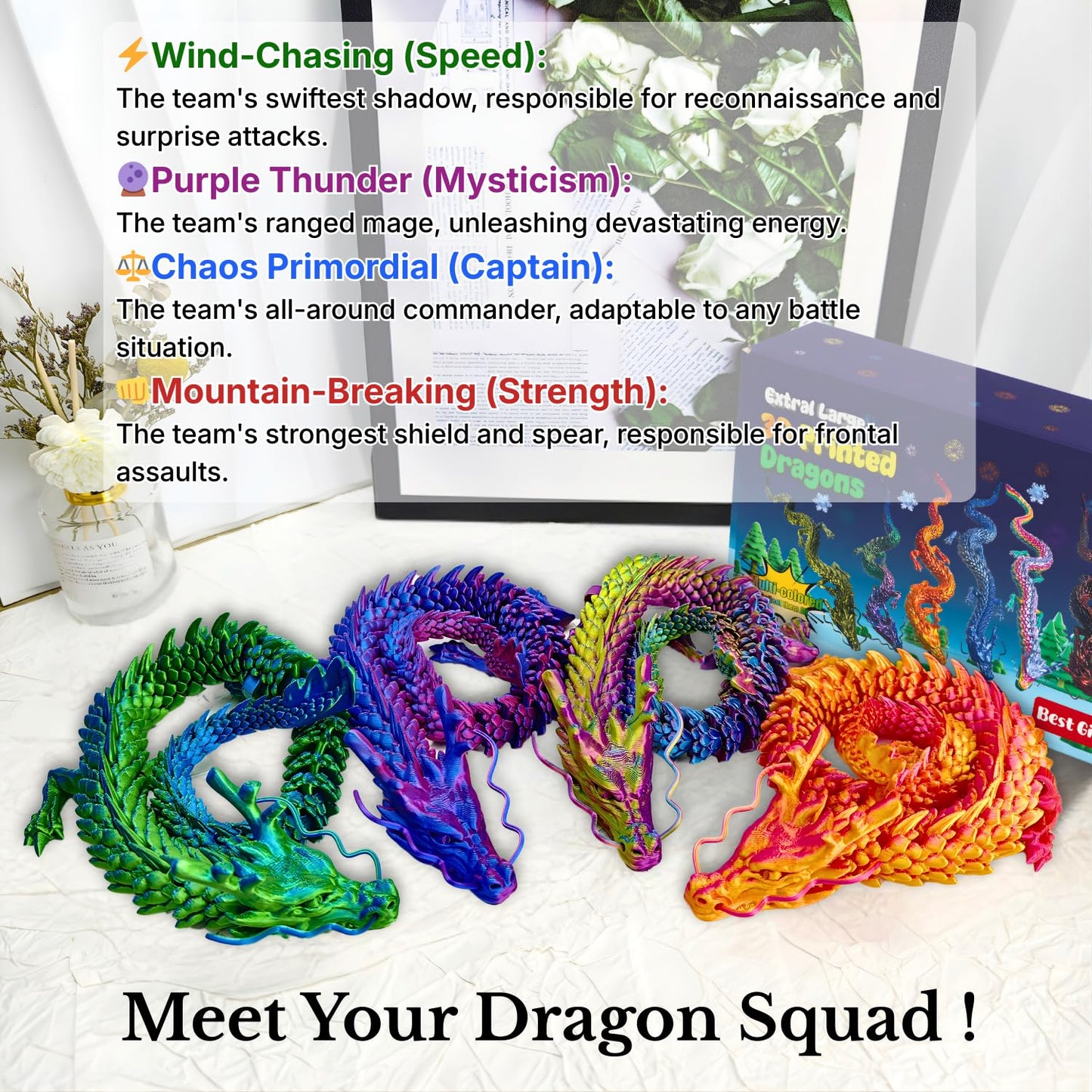 Joyroud 4 Pack 24" Large 3D Printed Dragon Toys, Articulated Chinese Dragons for Family Interaction & Imaginative Play, Collectible Home Office Desk Decor, Unique Birthday & Easter Gifts for Kids