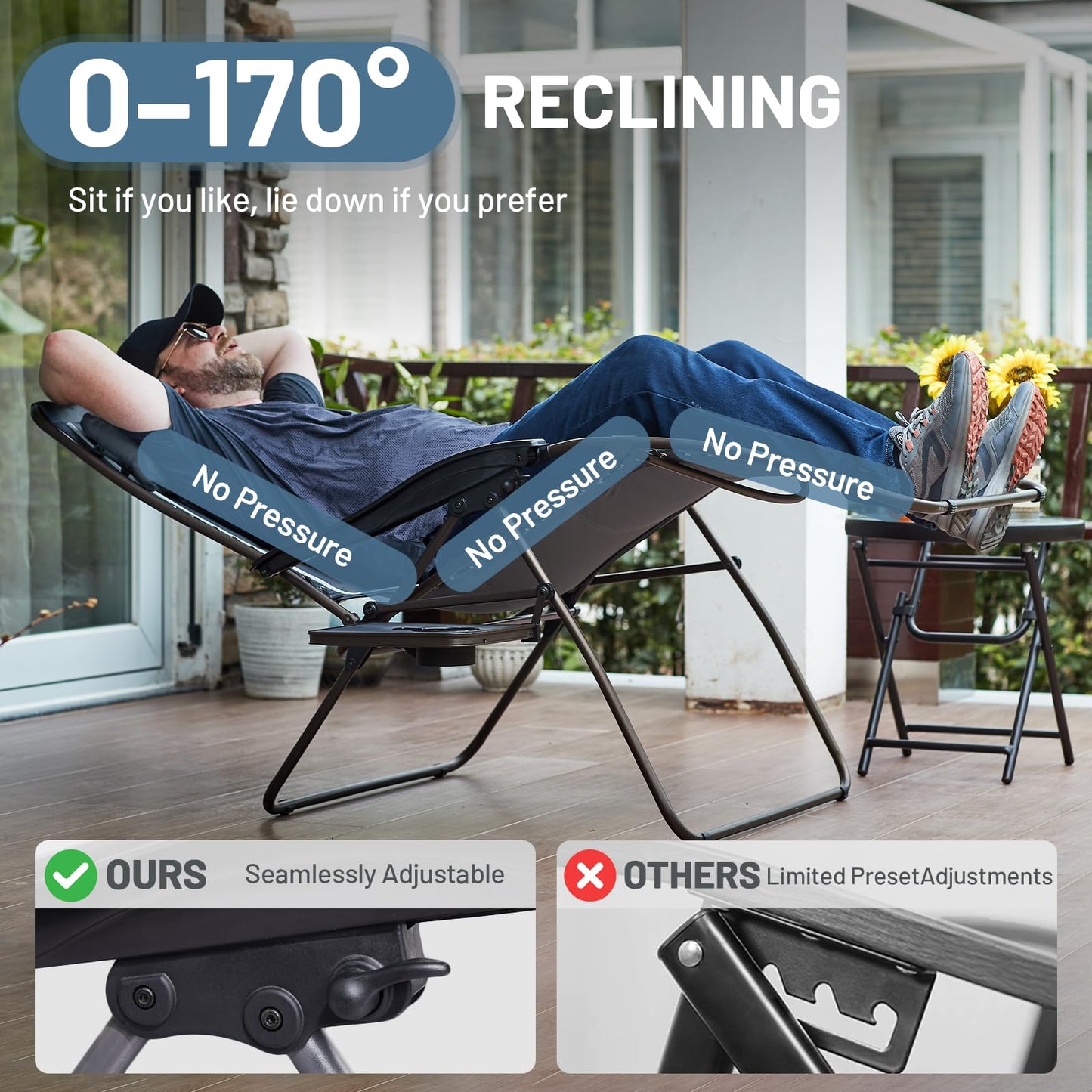 Timber Ridge Oversized Zero Gravity Chair, 33In Wide XXL Zero Gravity Reclining Chair with Side Table, Full Padded Lounge Chair for Outdoor Camping Patio Lawn, Heavy Duty Supports 500lbs, Grey-1 Pack