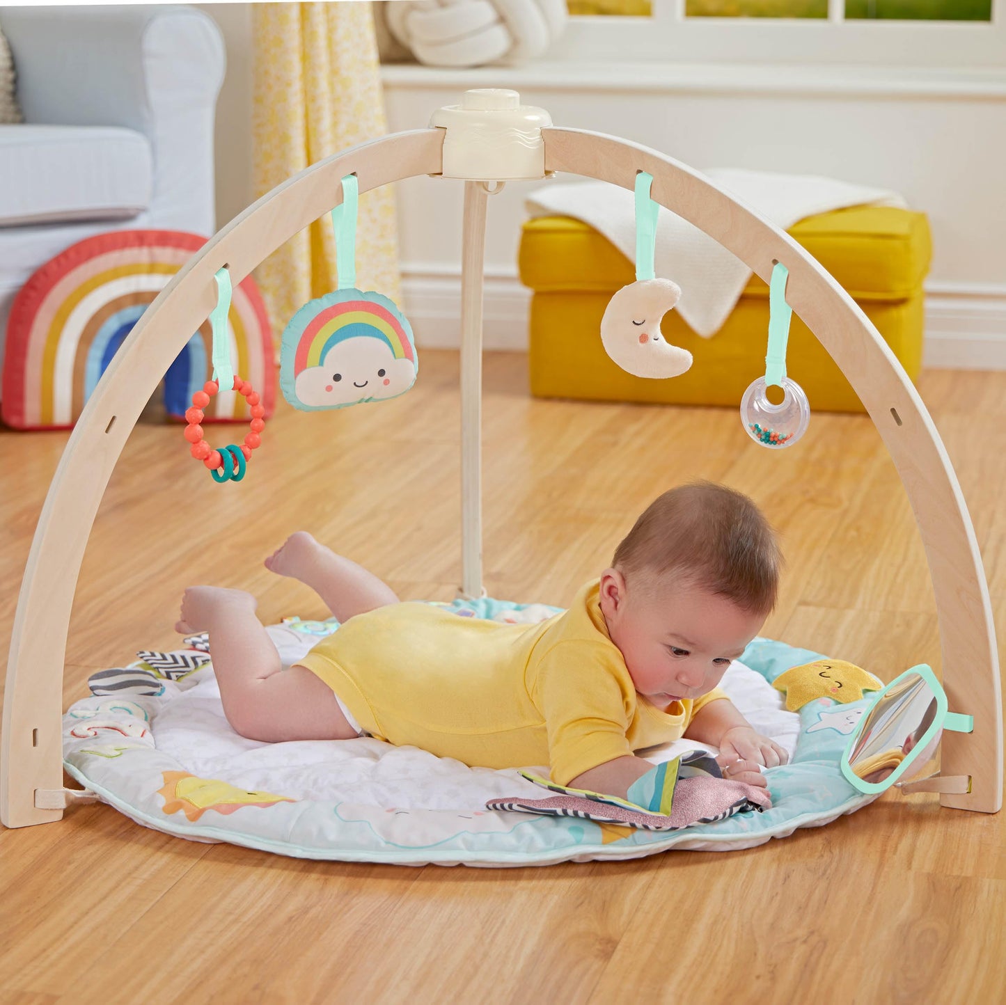 B. toys – Wooden Baby Gym & Soft Play Mat with 5 Hanging Sensory Toys for Newborns – Sunrise to Sunset Design – Tummy Time & Motor Skills – for Babies 0+ Months
