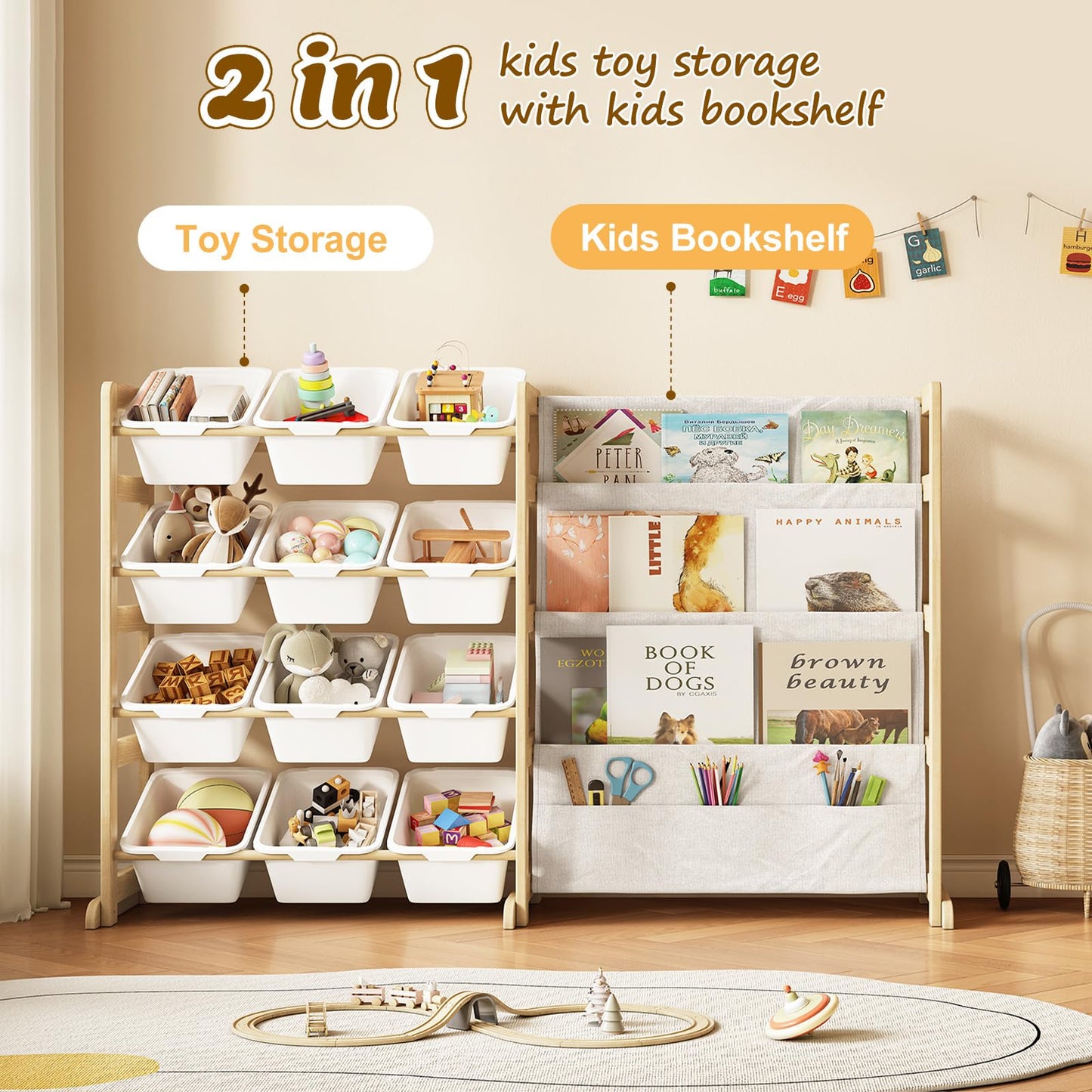 EXPERLAM Toy Storage Organizer with Bookshelf - 12 Storage Bins 4-Tier Multipurpose Shelf to Organize Toys and Books for Kids Room, Playroom, Nursery Room, White