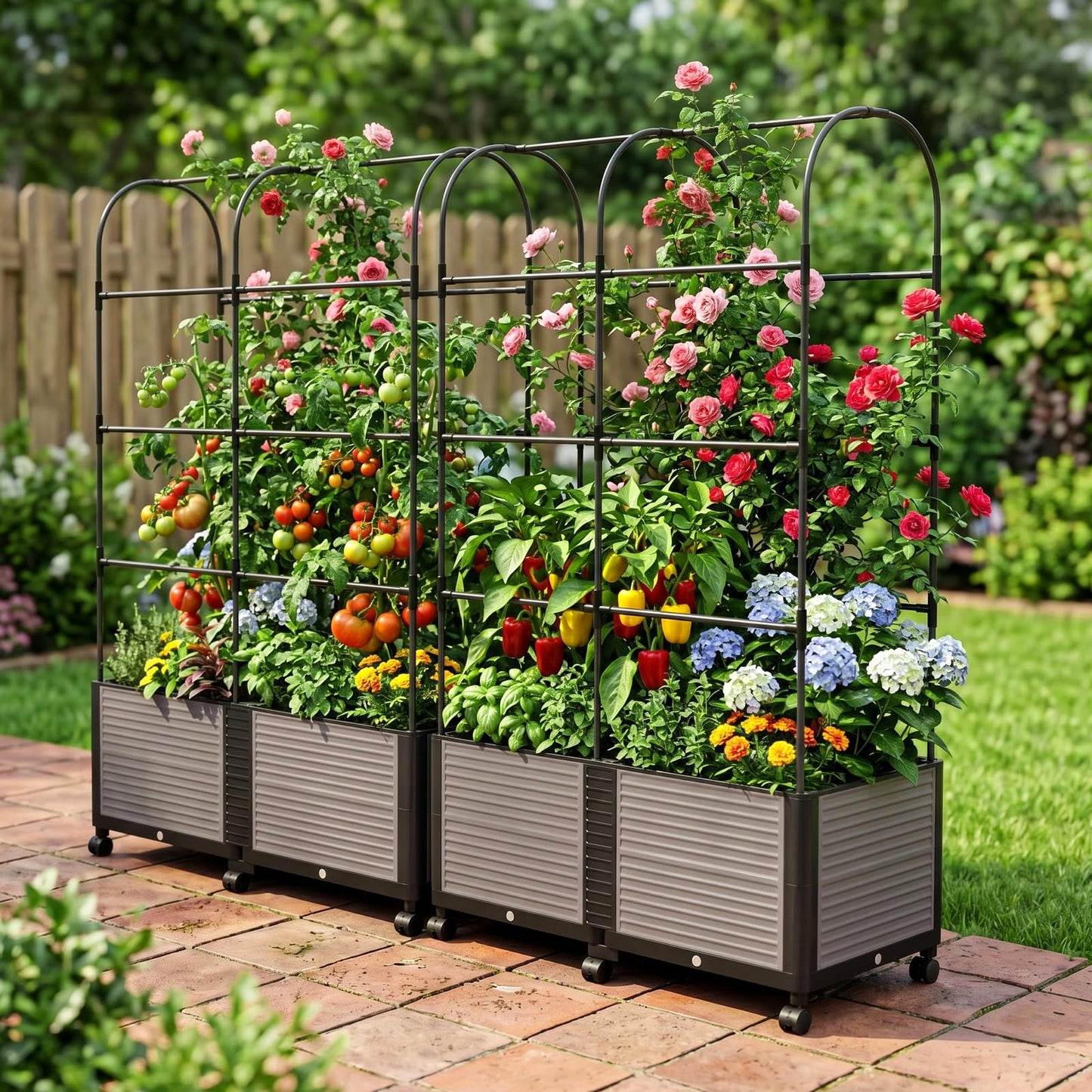 UrGROWA Raised Garden Bed Planter Box with Trellis, 72.8'' Tomato Planters for Climbing Plants Vegetable Vine Flowers Outdoor Patio Tomato Cage, Self Watering Planter with Wheels