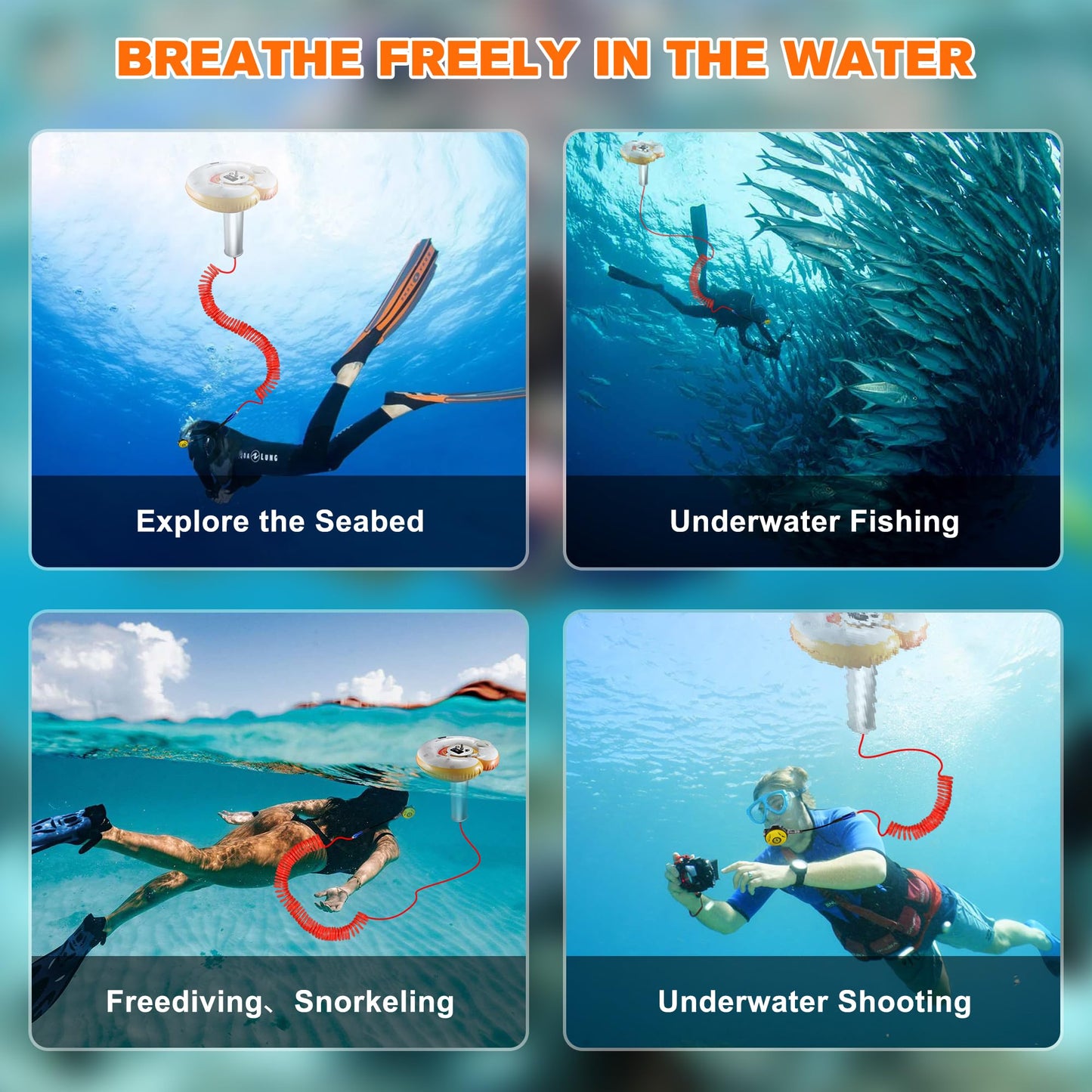 Xyuee X001 Scuba Diving Ventilator System, Portable Tankless Lung Underwater Breathing Device with 50FT Long Tube, High-Flow Rechargeable Air Compressor for Snorkeling, Recreational Diving & Fishing
