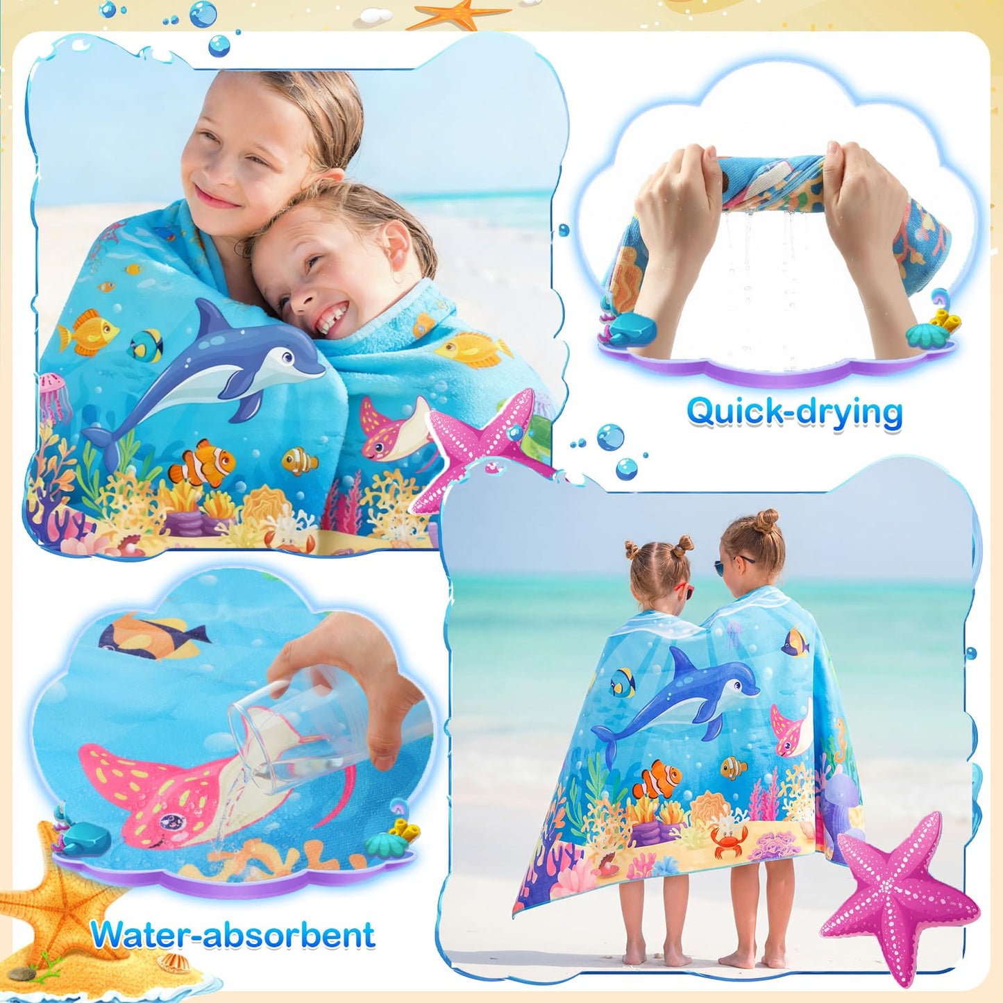 Honeydak 6 Set Pool Party Favors for Kids End of Year Gift Summer Mesh Drawstring Bag Beach Towels Ball Shovels Toys Bulk for Pool Beach Games Birthday Party Supplies Summer Graduation Student Gifts
