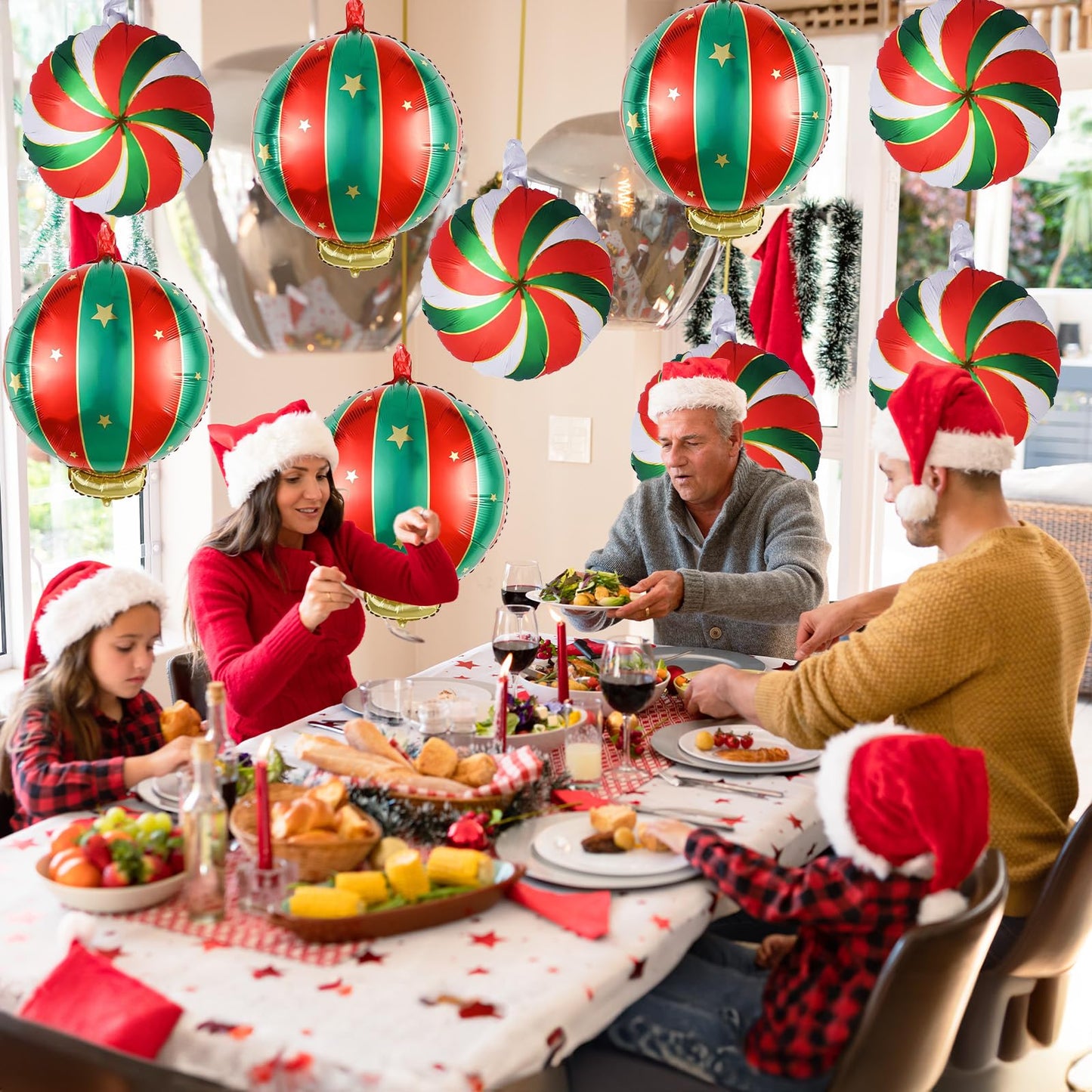 Christmas Foil Balloons, 9PCS Xmas Round Candy Lollipop Foil Balloons and Christmas Hanging Ball Mylar Balloons, Red Green Gold Xmas Sweetland Decorations for New Year Candies Party Decor