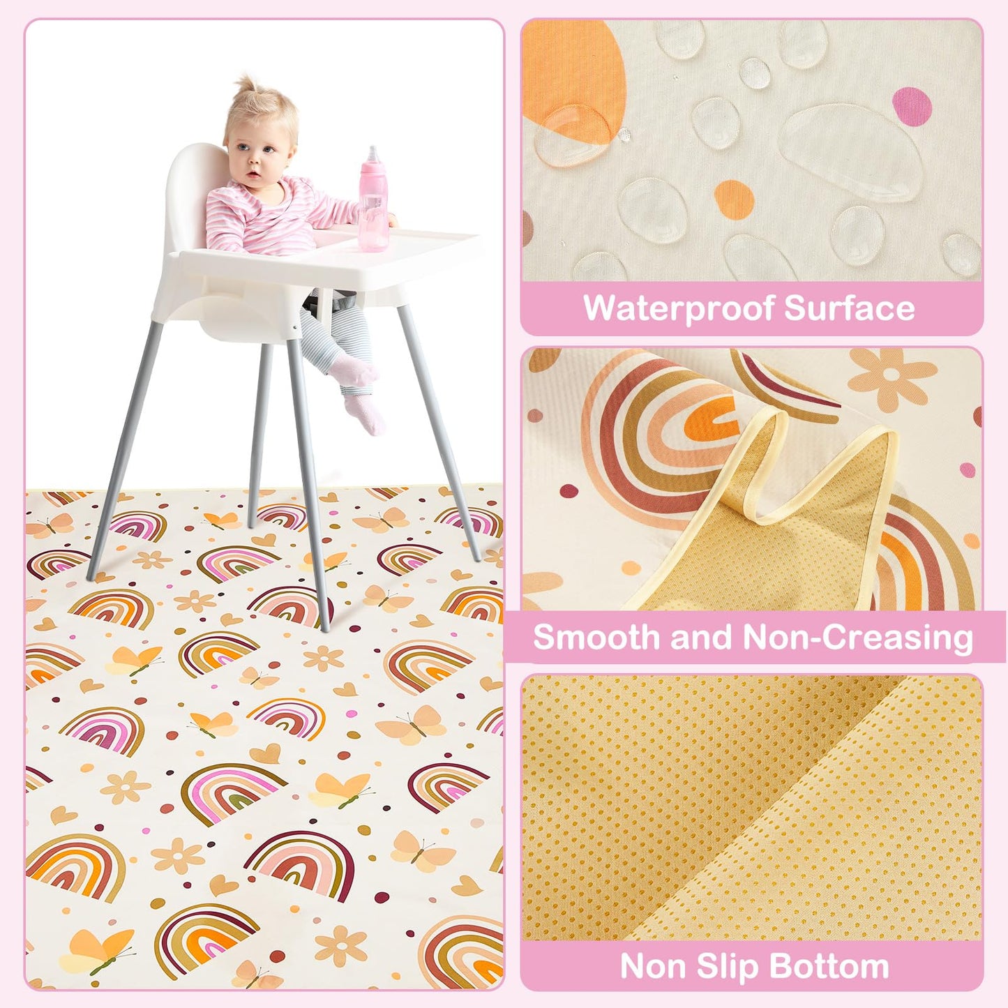 Basumee Splat Mat High Chair Mat Waterproof Baby Play Splat Mat for Under High Chair Food Catcher Highchair Mat for Floor Non Slip Bottom, Brown Rainbow, 46x42 Inches