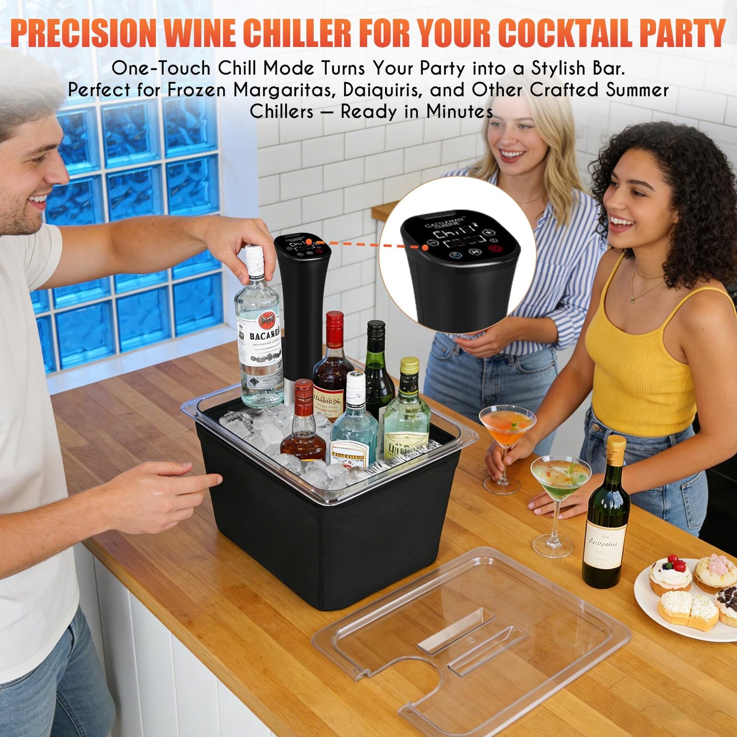 Sous Vide Precision Cooker, Wine Chiller, 1000W, Sous Vide Kit for Kitchen, Immersion Circulator, Sous Vide Container 12 Quart with Lid & Neoprene Sleeve, Accurate Temp & Timer, Fast Heating