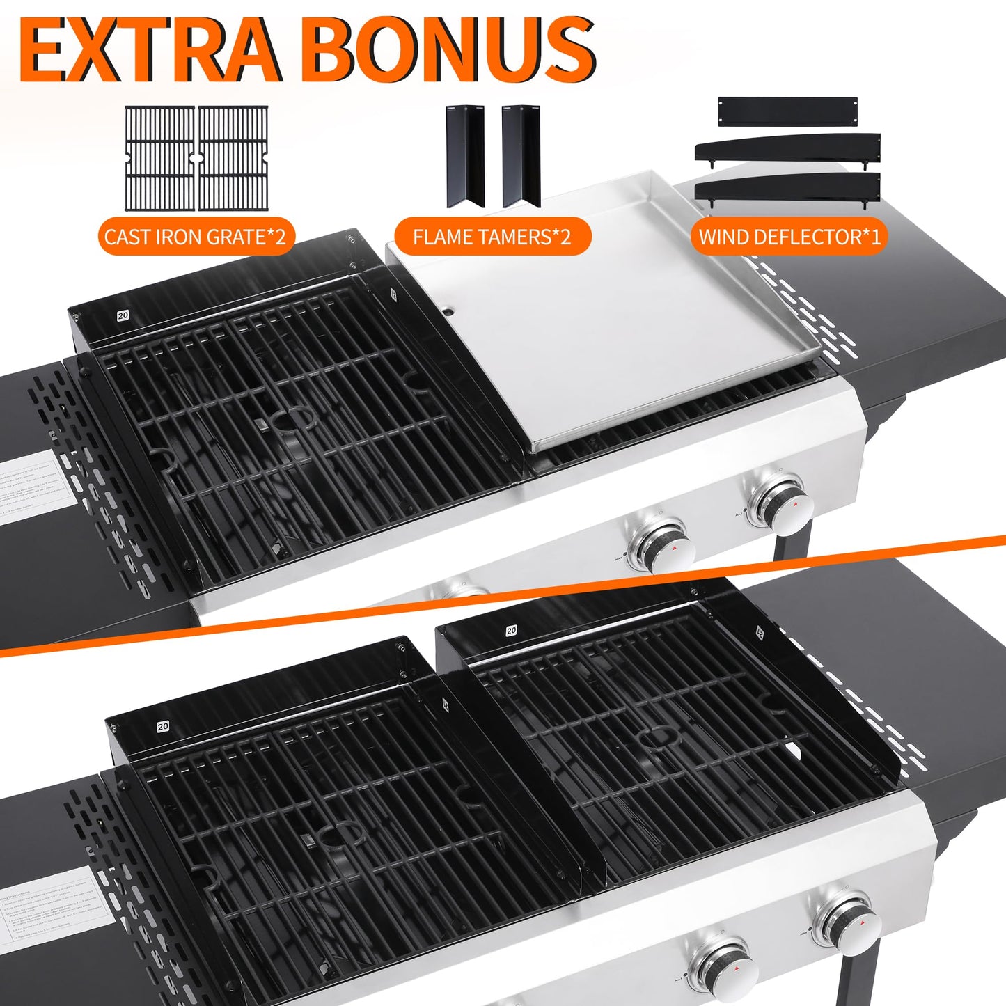Cookit Propane Gas Grill and Griddle Combo with 40,000 BTUs, 4-Burner Stainless Steel Griddle & Cast Iron Grill Combo for Outdoor Cooking While Camping or Tailgating