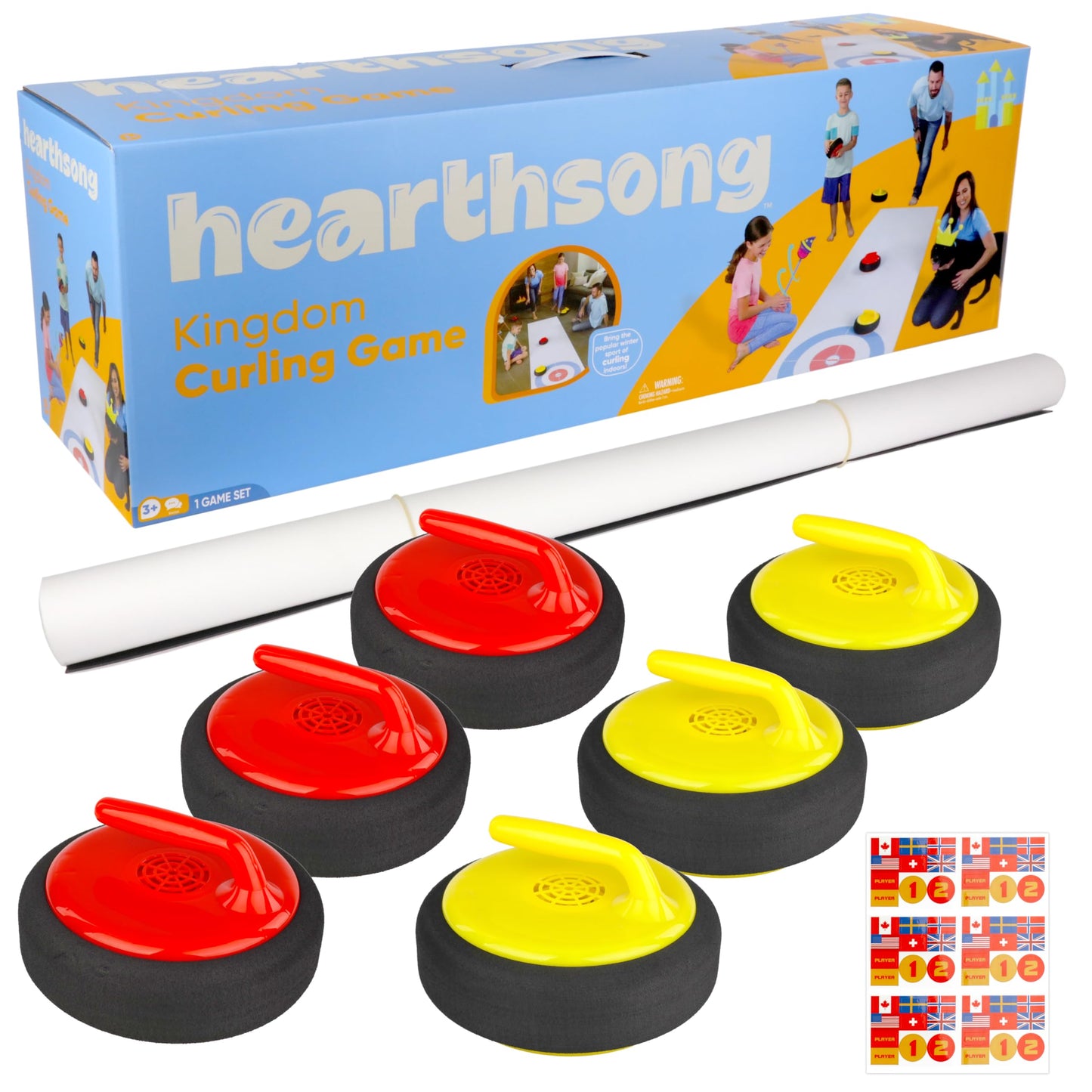 HearthSong Curling Zone – Indoor Battery Operated Hovering Curling Set – Fun Family Game for Kids and Adults – 6 Curling Stones and Floor Mat – Olympic Sport Party Game Equipment – Age 3+