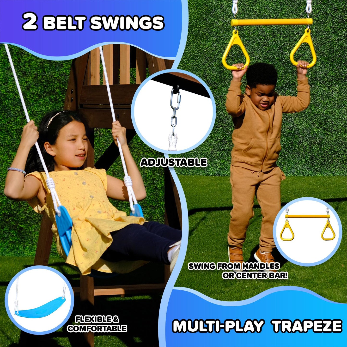 Sportspower Rosemont Wooden Swing Set with 8' Slide, 2 Adjustable Swings, Trapeze, Play Fort with Rock Climber, Sandbox, Picnic Table, Chalk Tarp & Anchor Kit, Outdoor Playset for Kids Ages 3–8