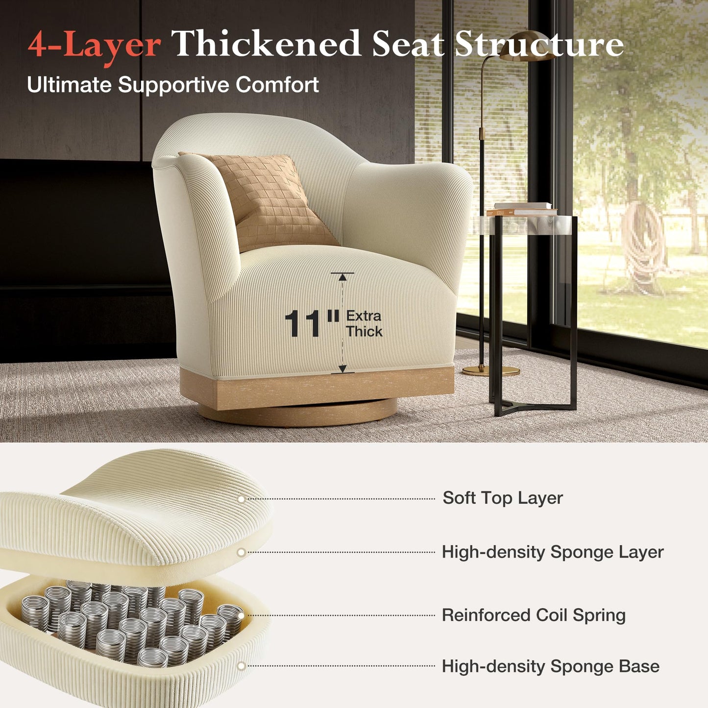 HERA'S HOUSE Swivel Barrel Accent Chair, Modern High-Back Armchair with 400 lbs Reinforced Support, 360°Smooth Swivel for Bedroom, Living Room, Plush Corduroy Upholstery, Fully Assembled, Beige