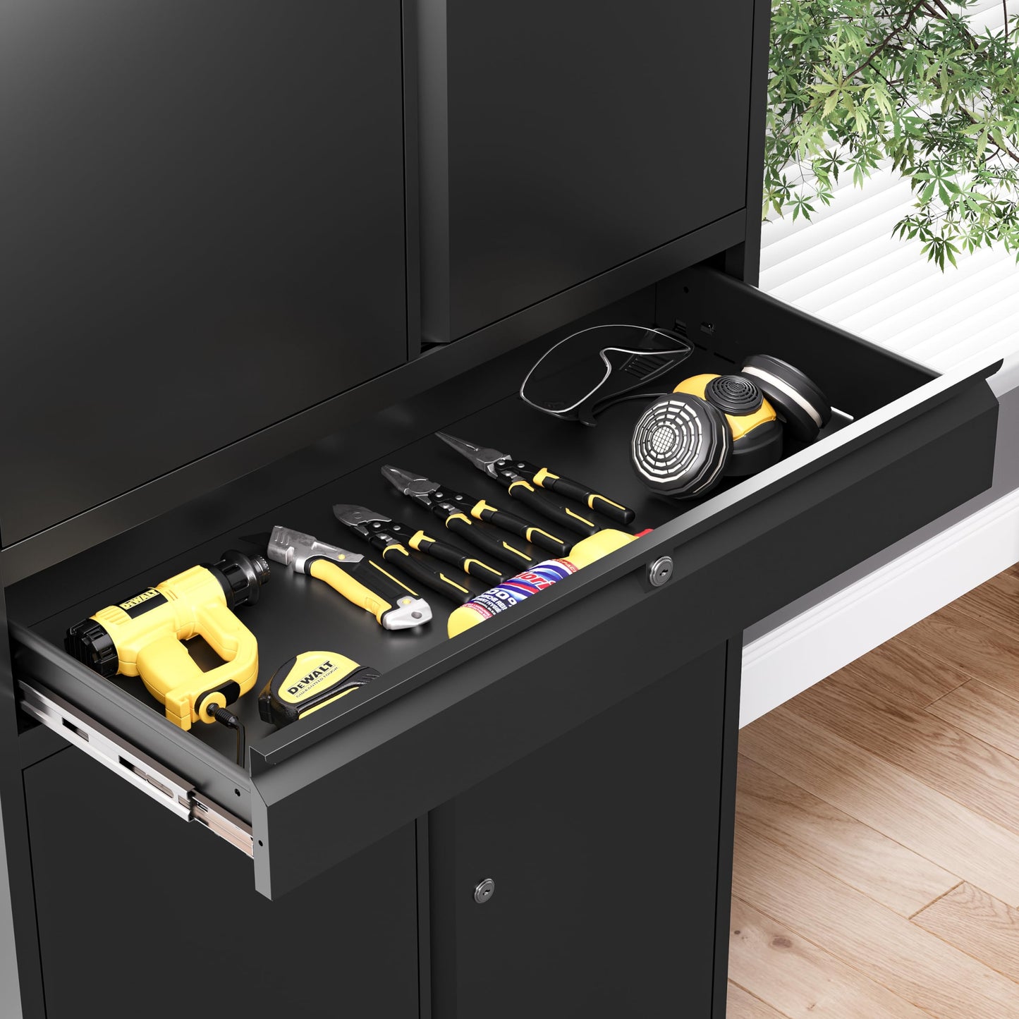 LISSIMO Metal Storage Cabinet with with Drawer, Garage Storage Cabinet with Locking Doors and Adjustable Shelves for Garage, Home Office,Warehouse (Black)