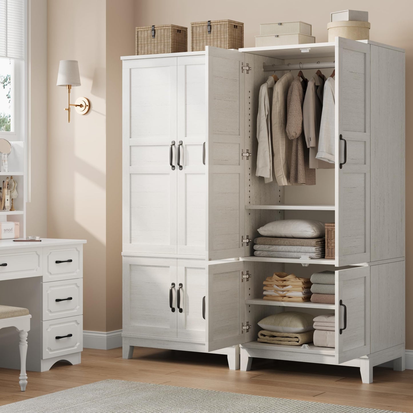GarveeHome Armoire Wardrobe Closet with 4 Doors,72 in Wooden Wardrobe Cabinet with Hanging Rod, Freestanding Tall Clothing Armoire Storage Cabinet with Adjustable Shelves for Bedroom, Retro White