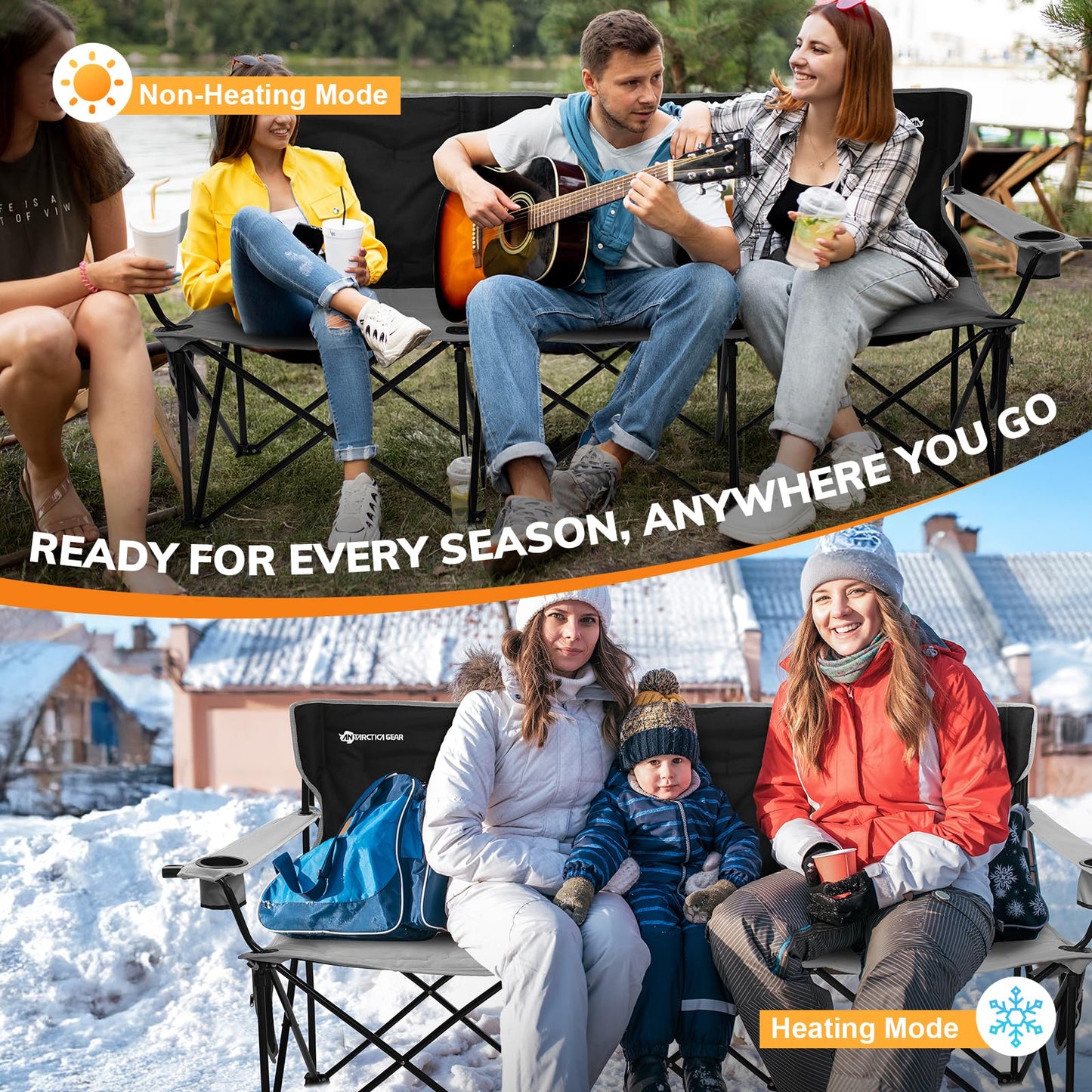 ANTARCTICA GEAR Heated Double Camping Chair with 12V 15000mAh Battery Pack - Heavy-Duty XL Folding Bench for Outdoor, Campsites, Tailgating - Portable Heated Seating with Adjustable Warmth