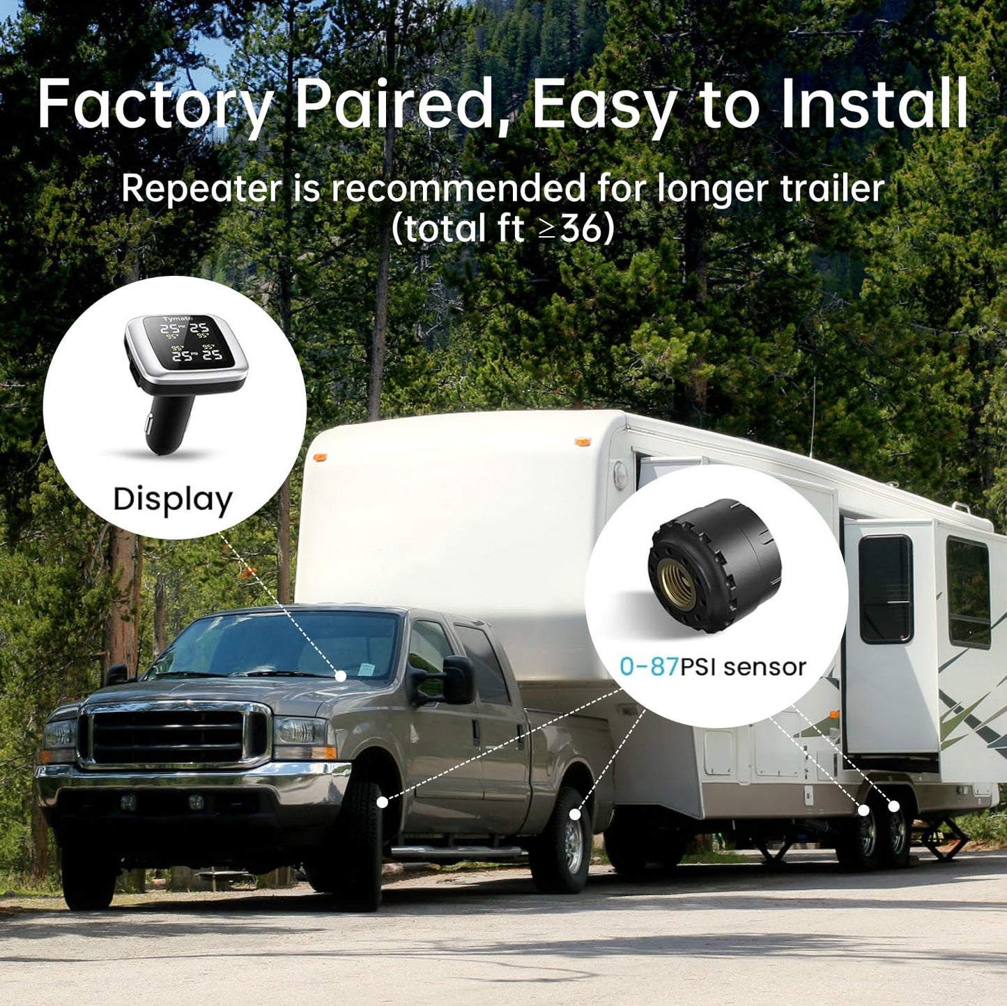 slrongpowlr Real-time TPMS Trailer Tire Pressure Monitoring System, Wireless TPMS Sensors Set of 4 External Tire Pressure Sensors with Alarm Modes for RV SUV MPV Truck Sedan (0-87 PSI)